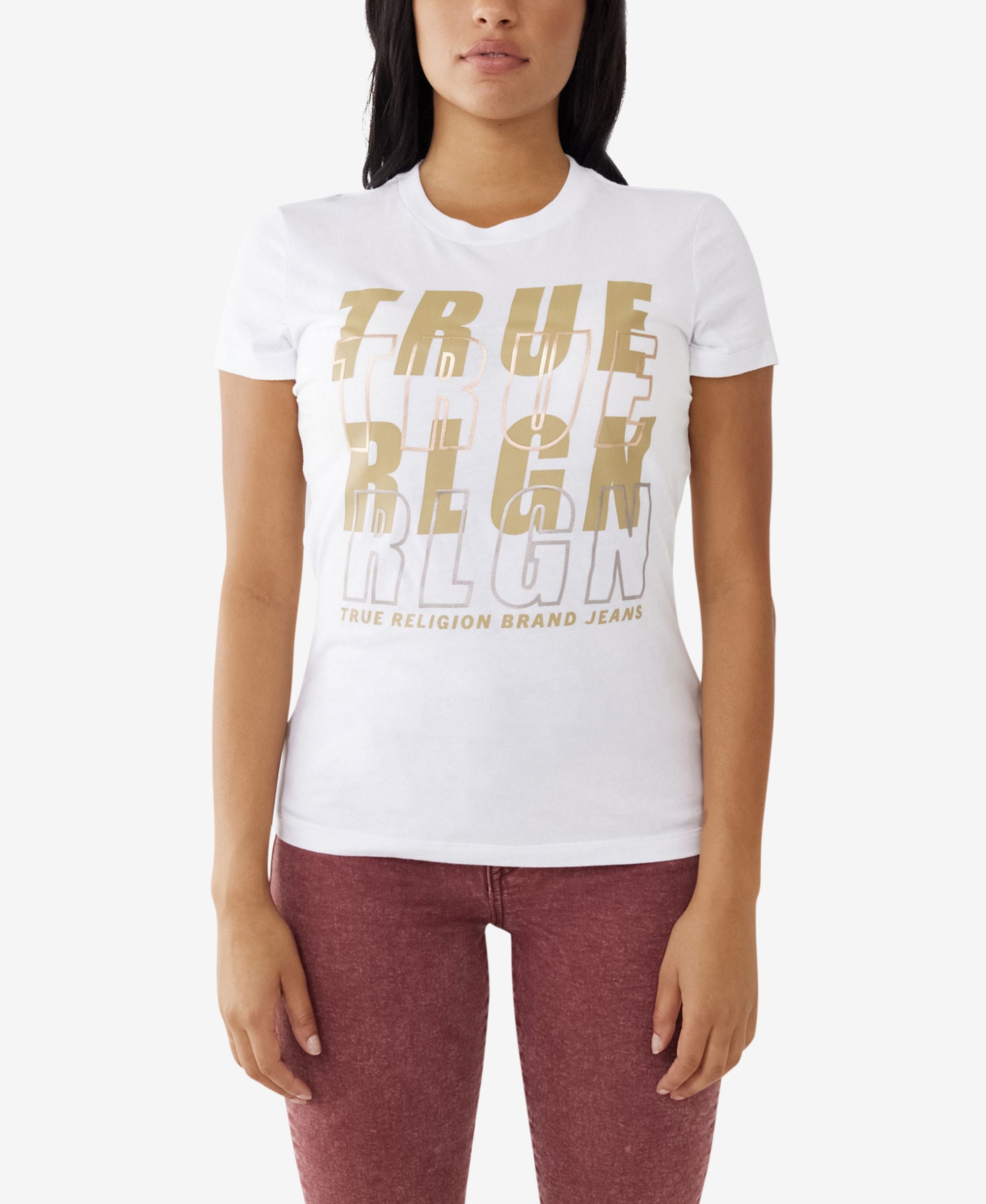 True Religion Womens Short Sleeve Foil Logo Slim Crew T-Shirt