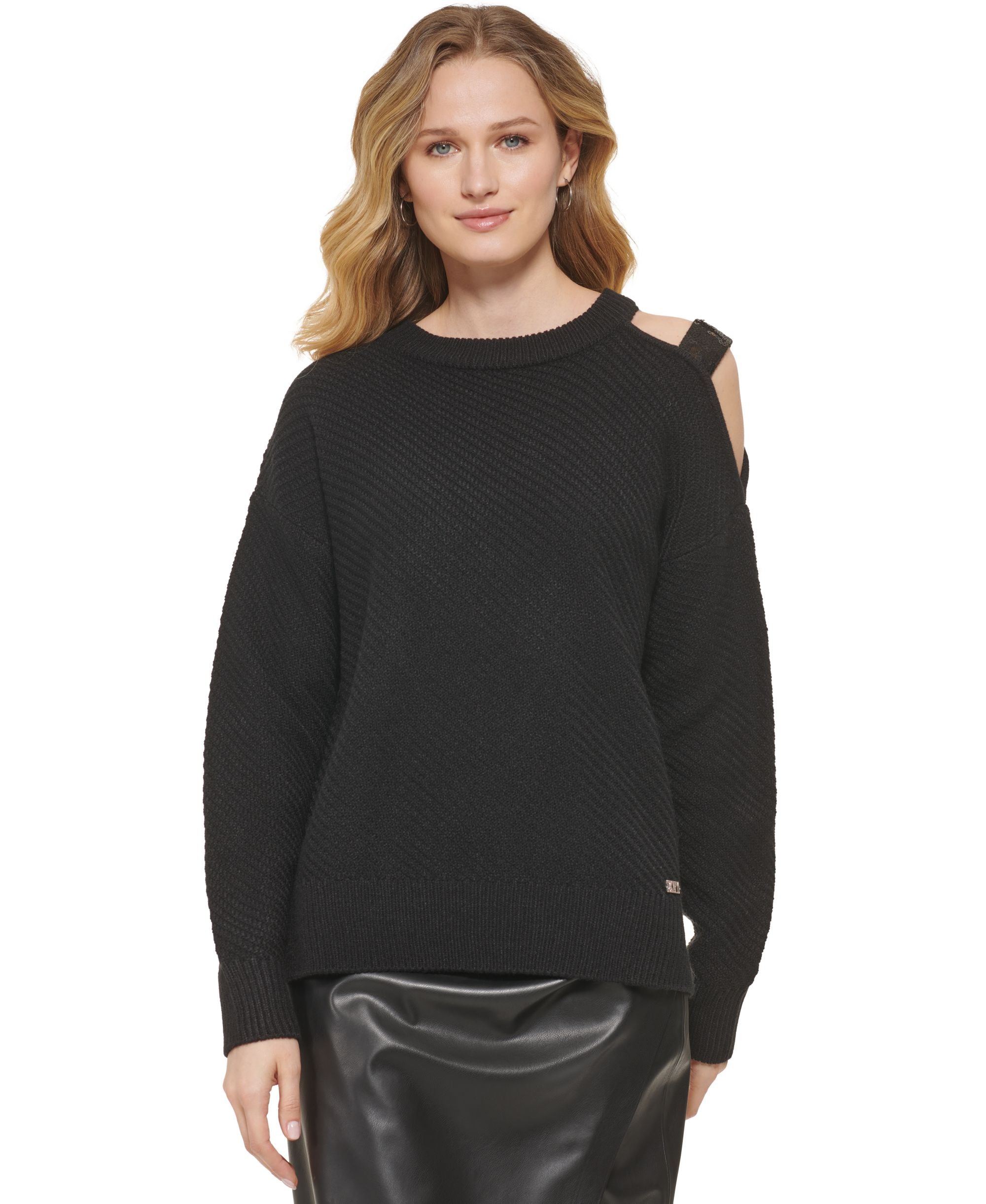 DKNY Womens Cut Out Shoulder Sequined Strap Ribbed Sweater