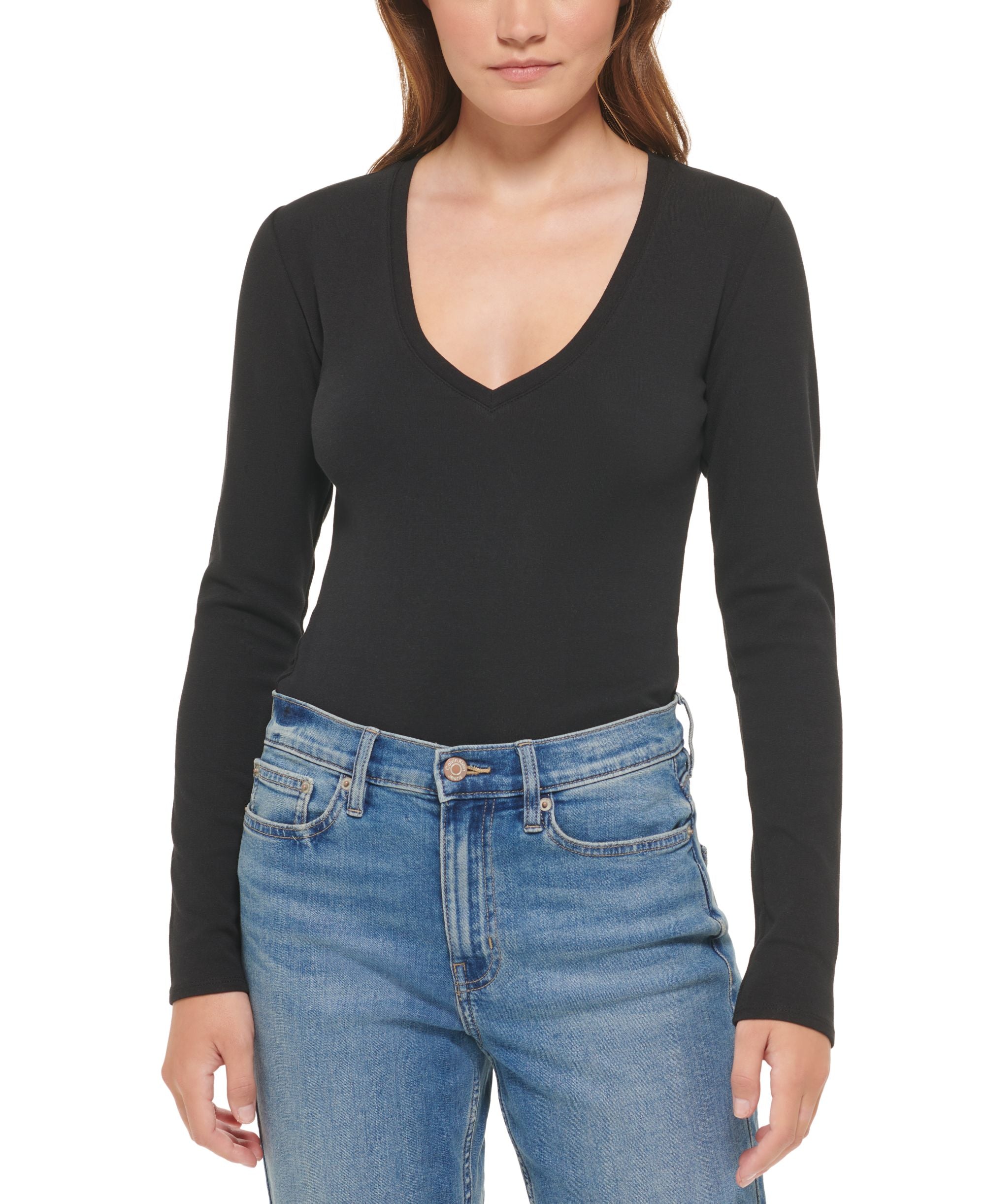 Petite Long-Sleeve Deep V-Neck Bodysuit