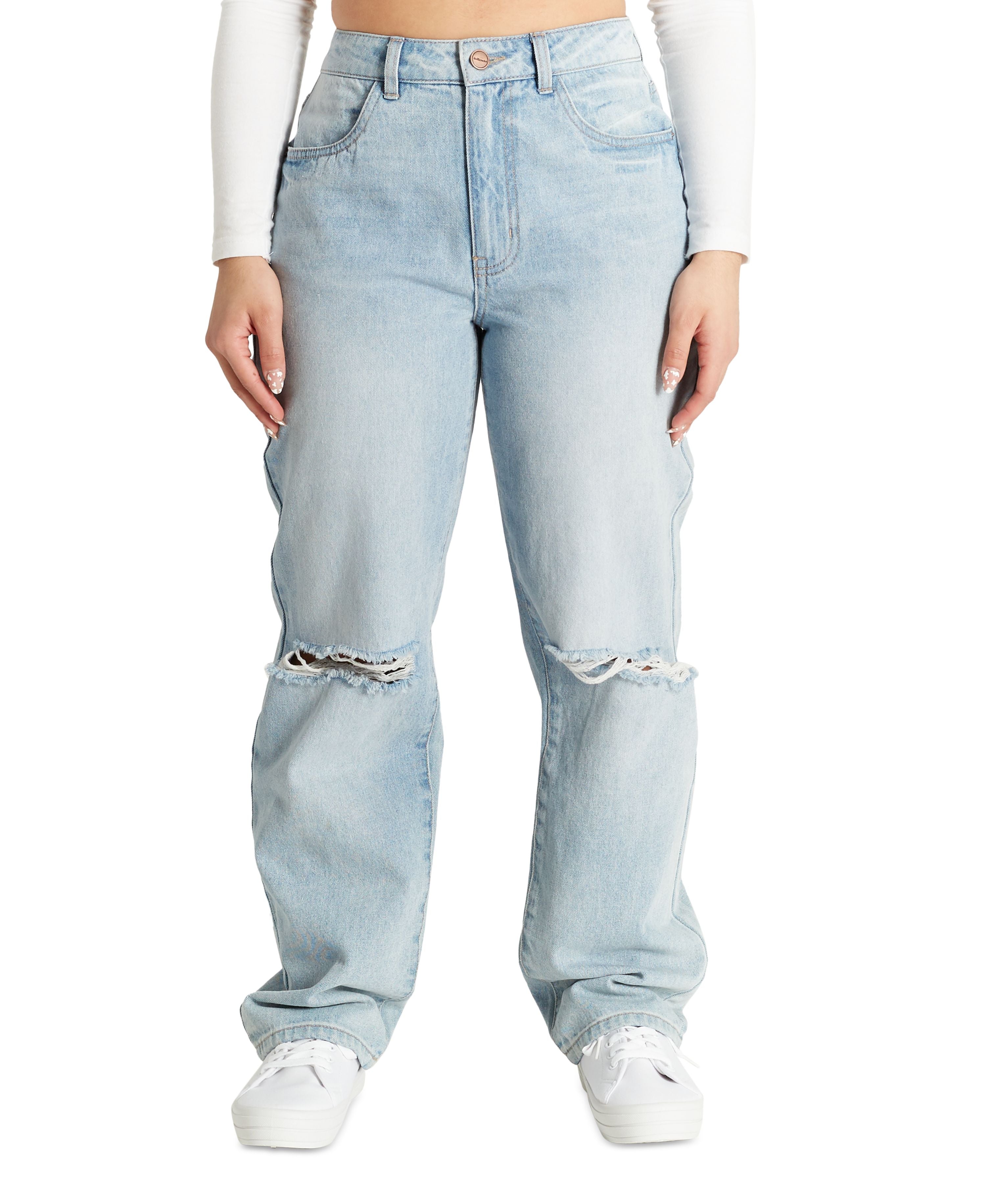 Juniors' Ripped Knee High-Rise Dad Jeans