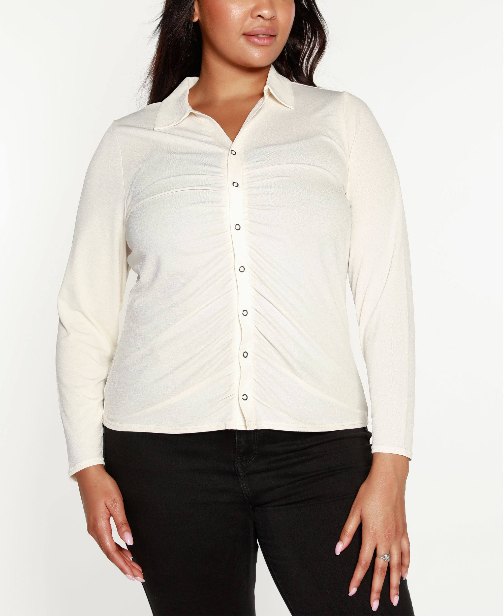 Belldini Black Label Plus Size Snap Front Collared Top