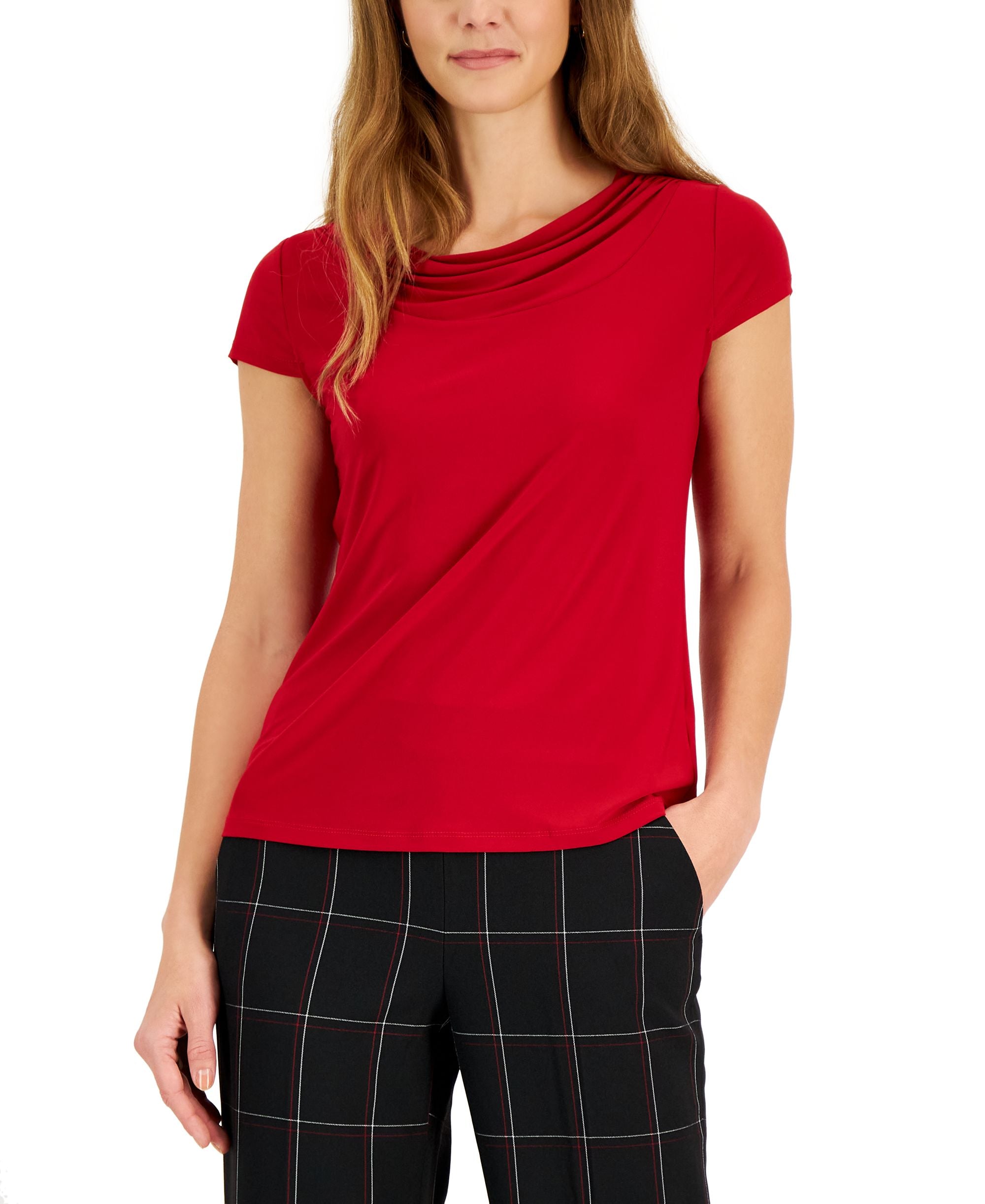 Women's Stretch Knit Cowl-Neck Short-Sleeve Top