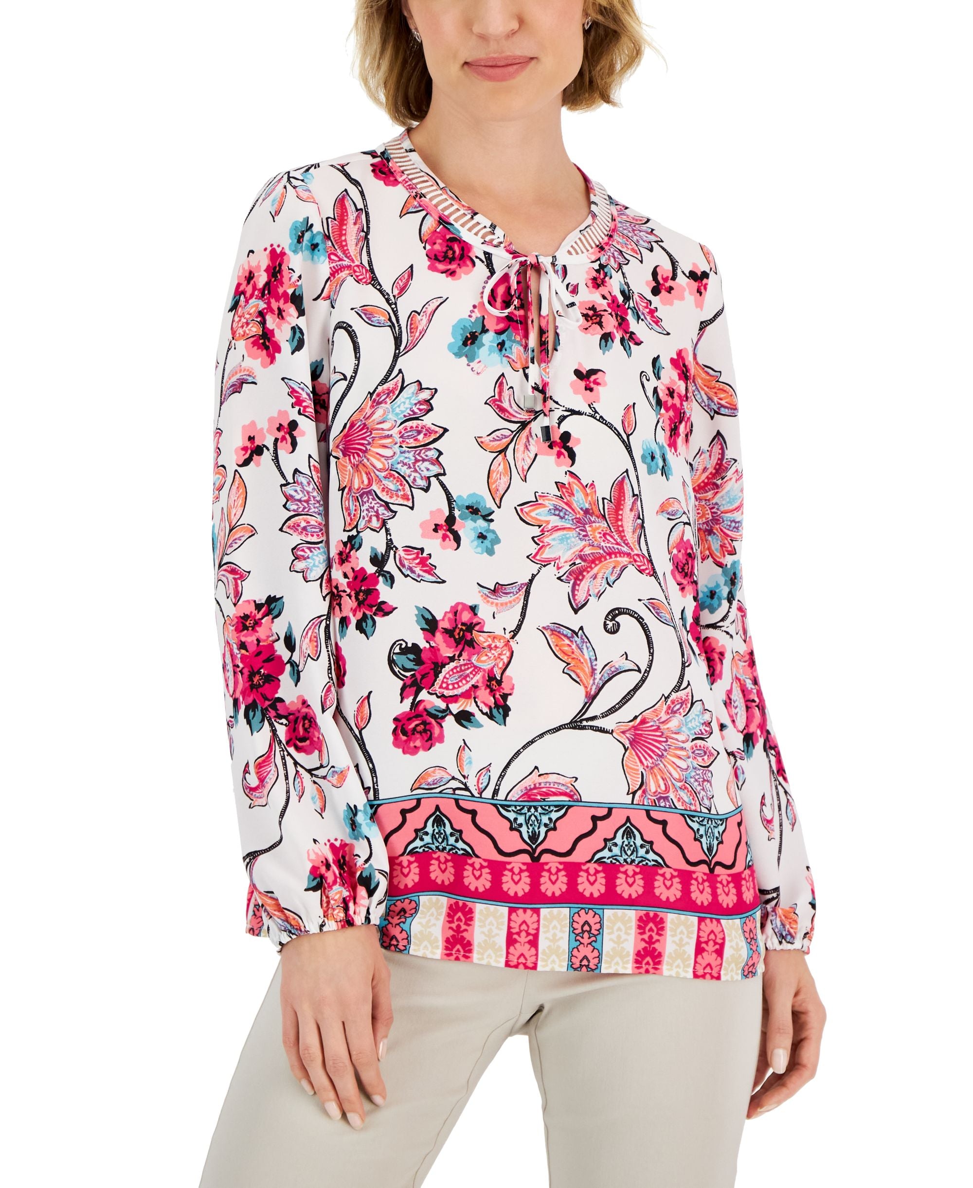 Women's Traveling Ornament Printed Lattice-Neck Top