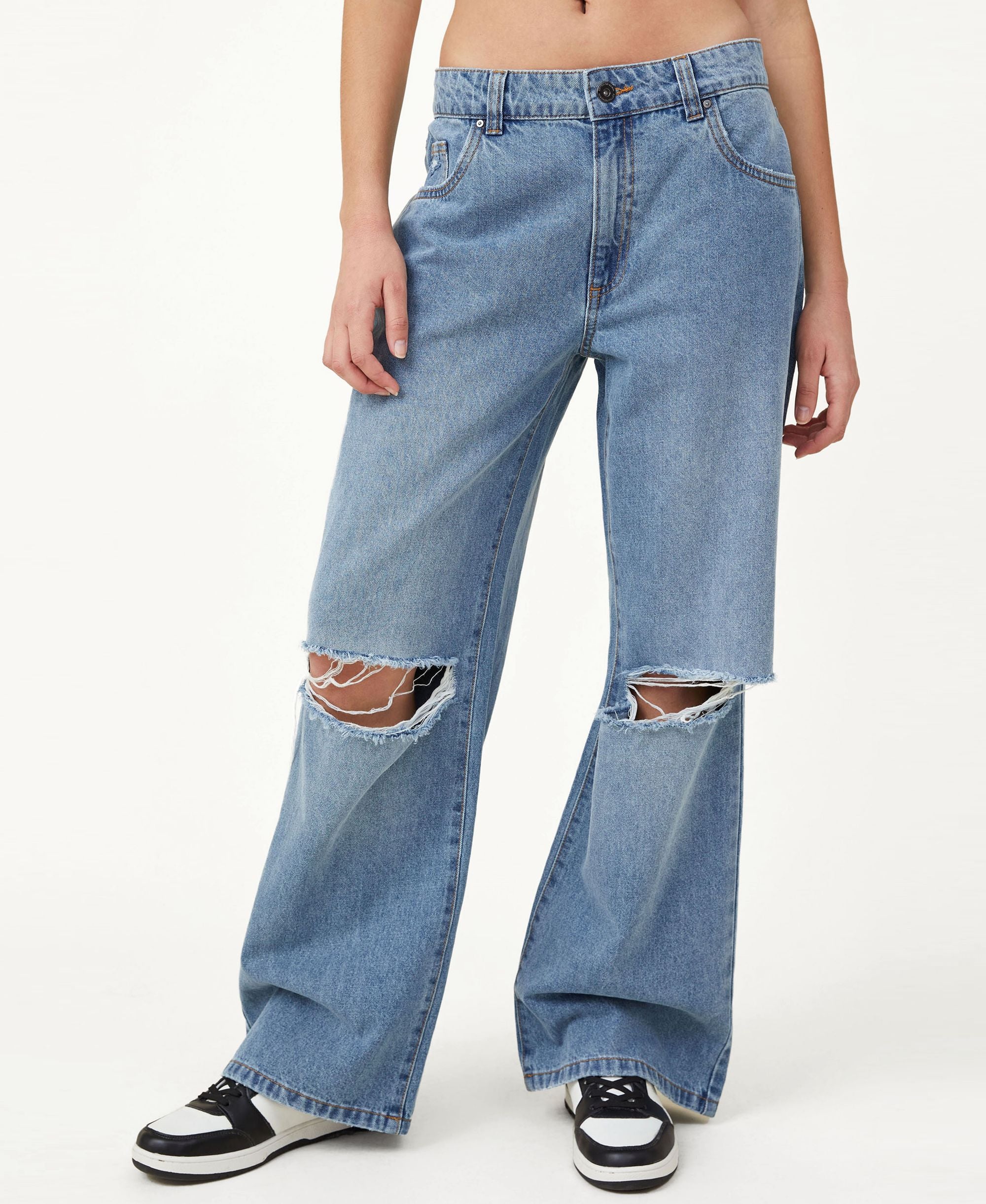Women's Cotton Low-Rise Ripped Wide-Leg Jeans