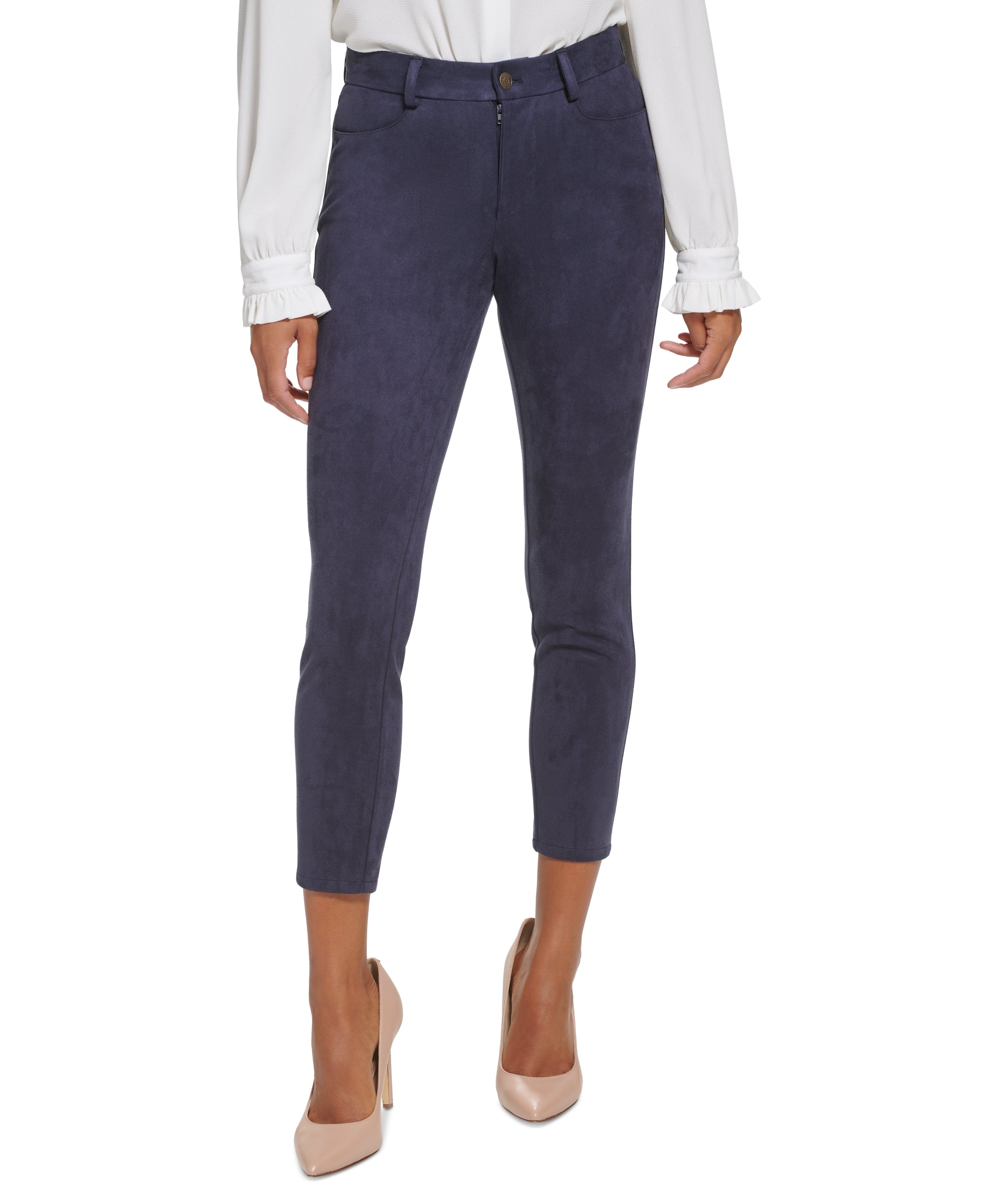 Faux Suede Mid Rise Skinny Ankle Pants