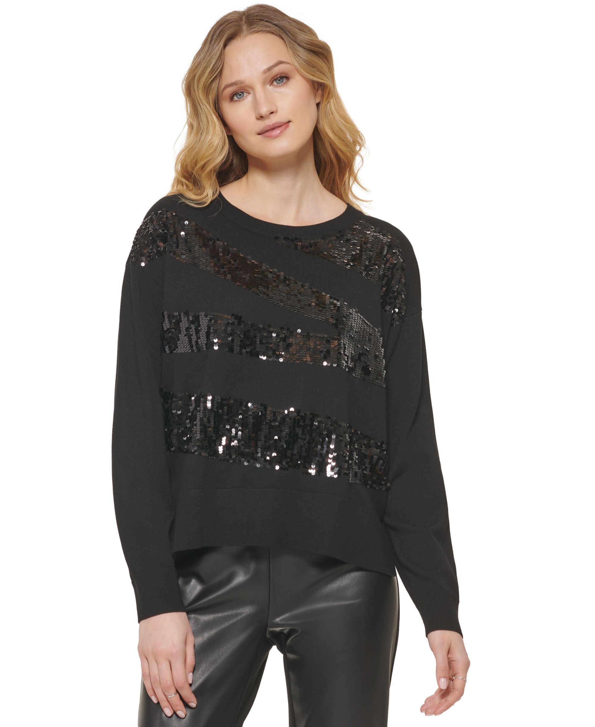 DKNY Womens Crew Neck Sequin Embellished Zigzag Sweater
