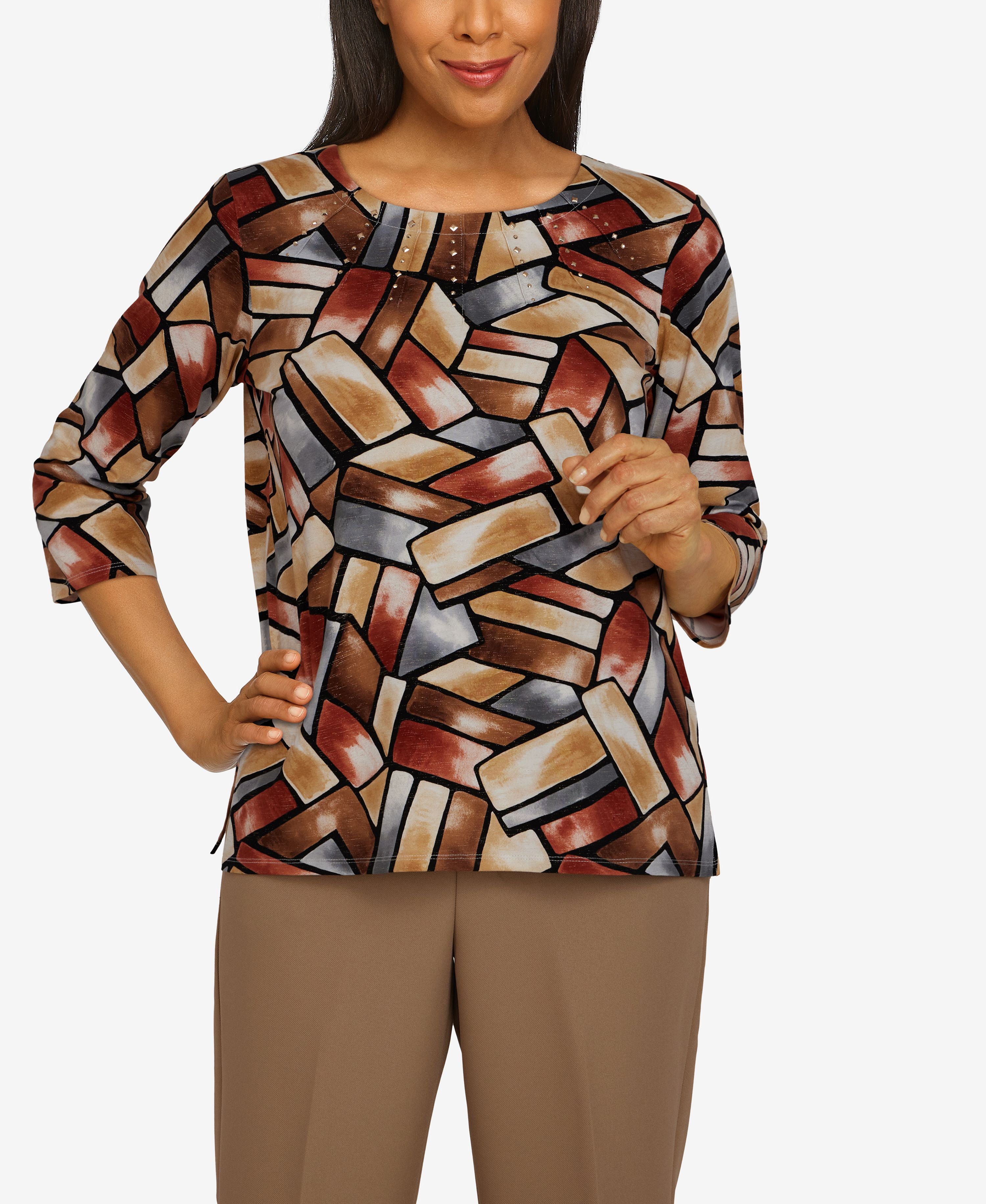 Petite Size Classics Shimmer Stained Glass Print Knit Top