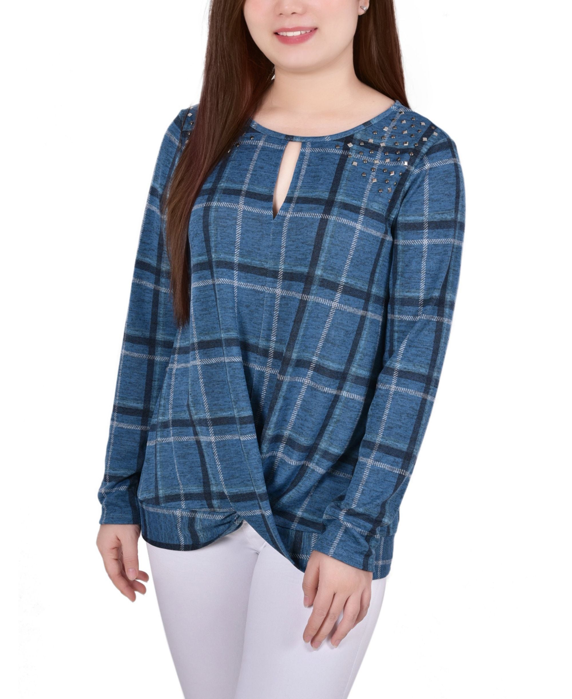 Petite Long Sleeve Knit Keyhole with Studs Top