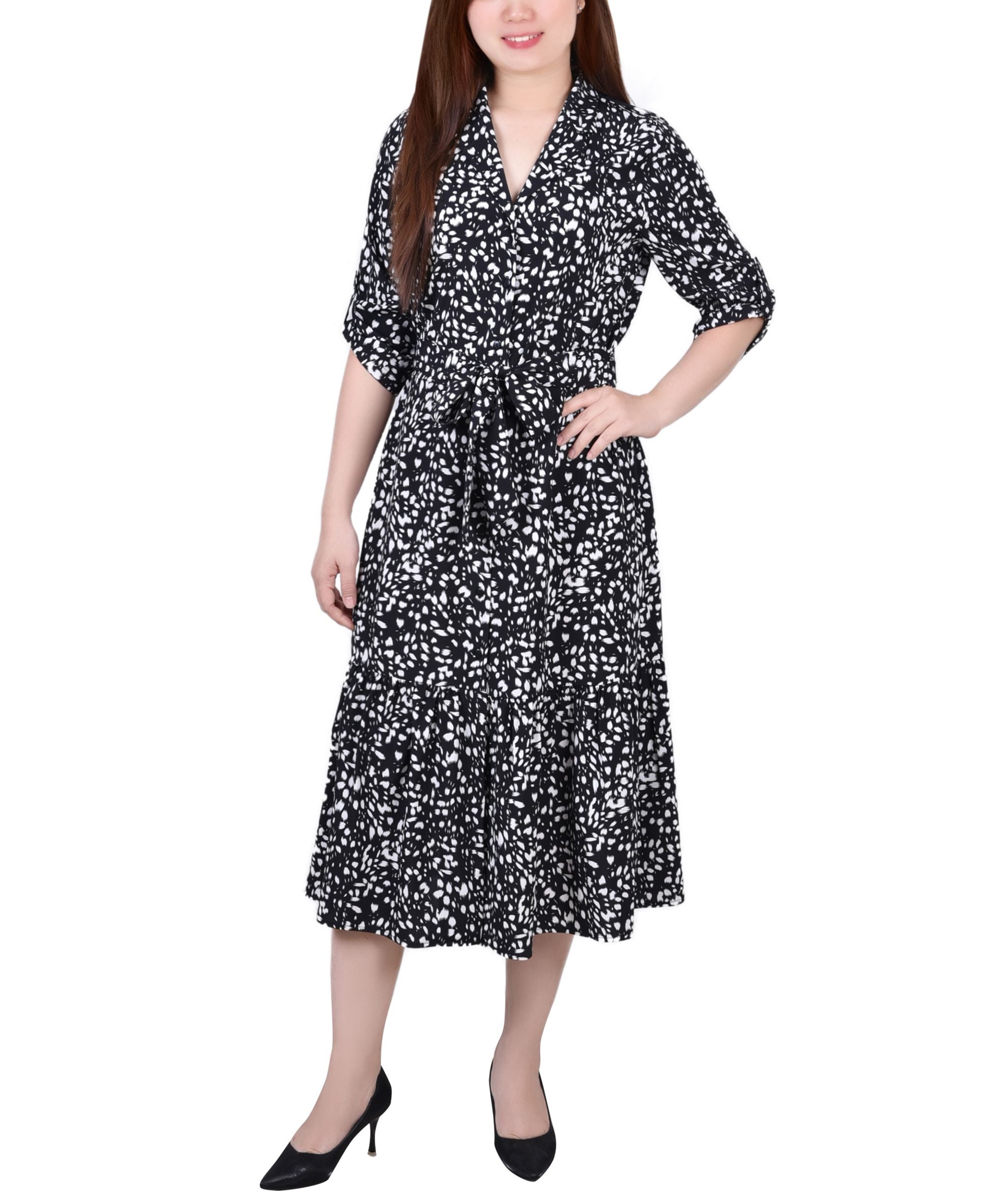 NY Collection Petite Long Sleeve Tiered Dress With Belt