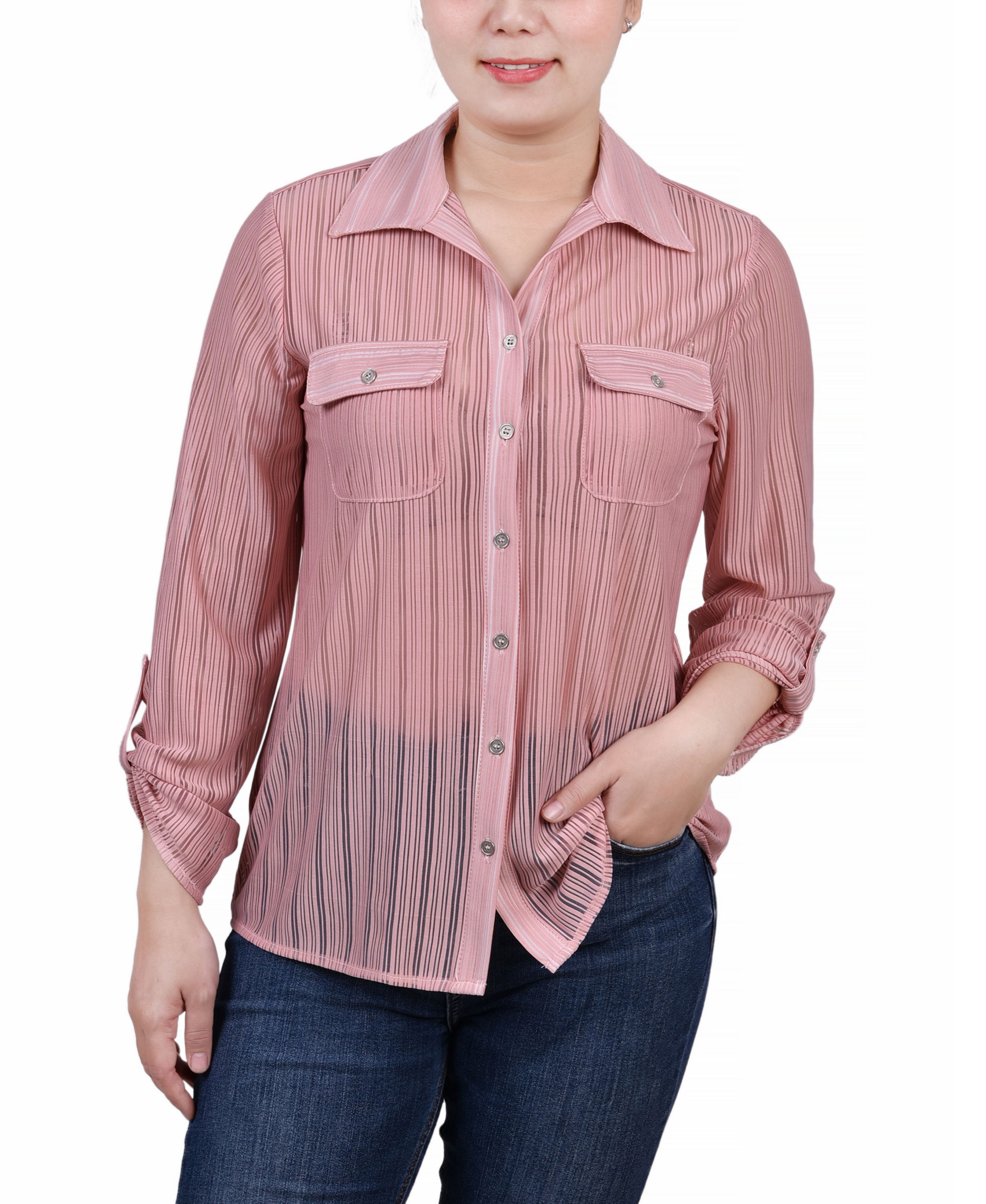 Petite Long Roll Tab Sleeve Burnout Knit Top