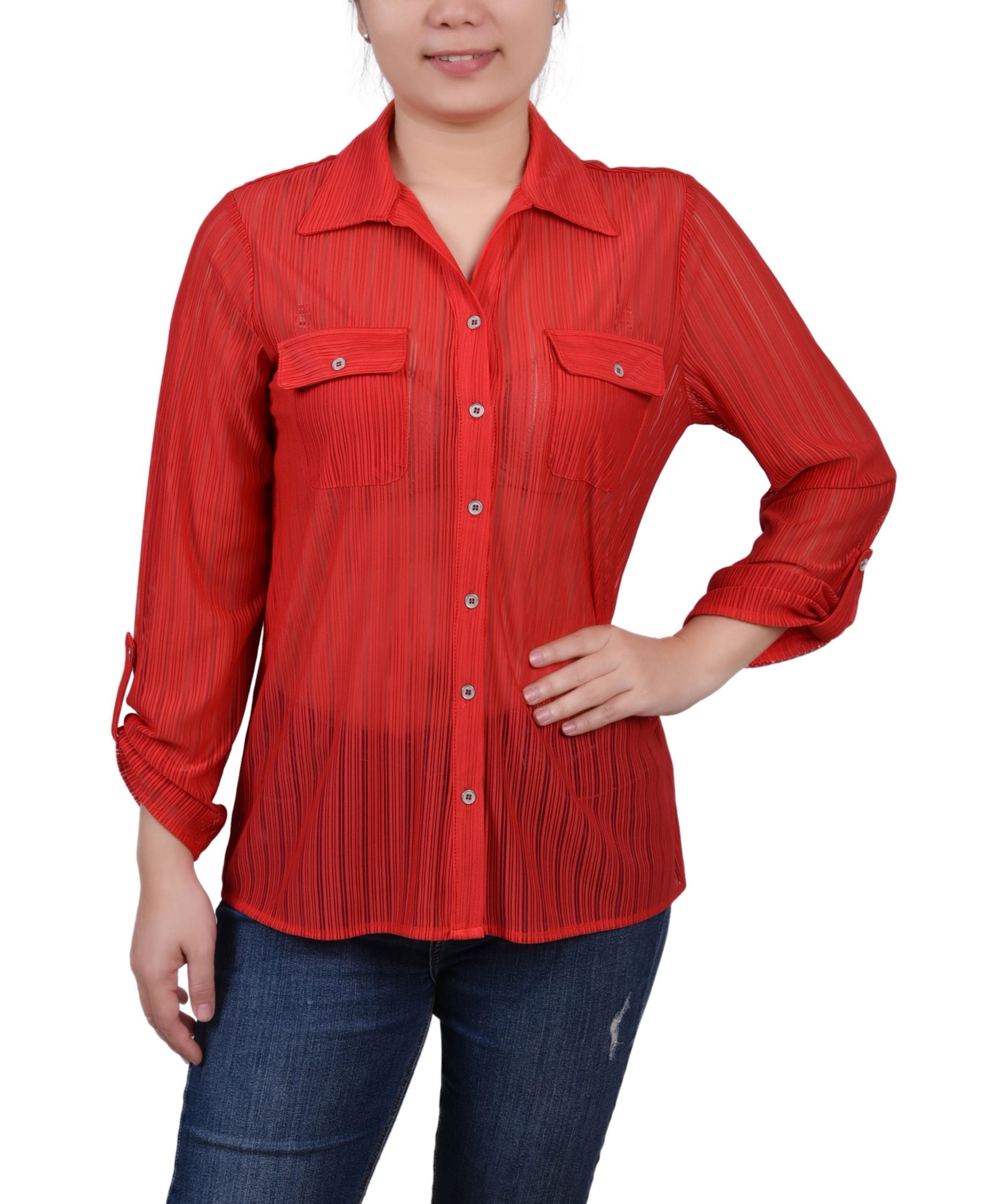 Petite Long Roll Tab Sleeve Burnout Knit Top
