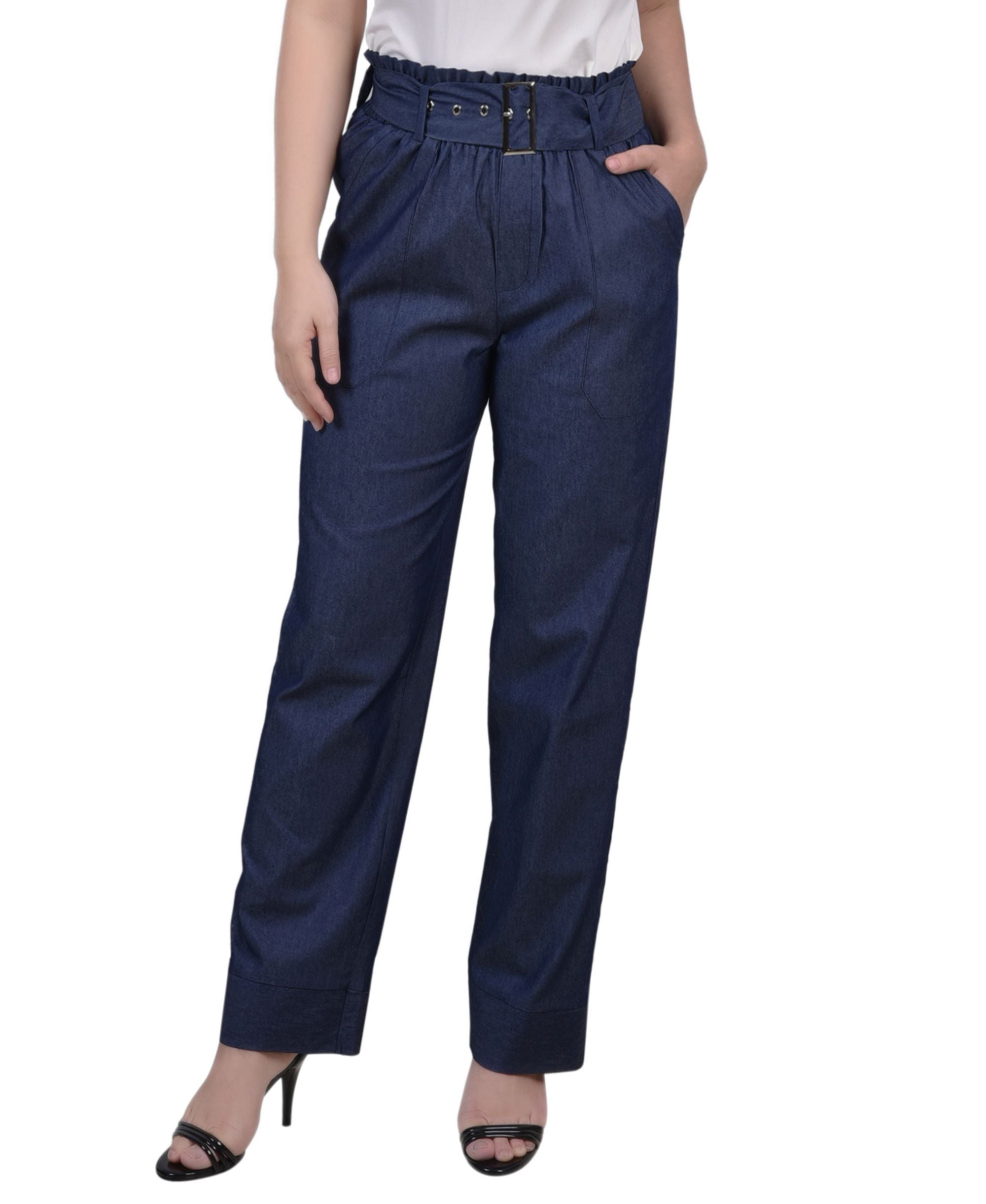 NY Collection Petite Pull On Chambray Belted Pants