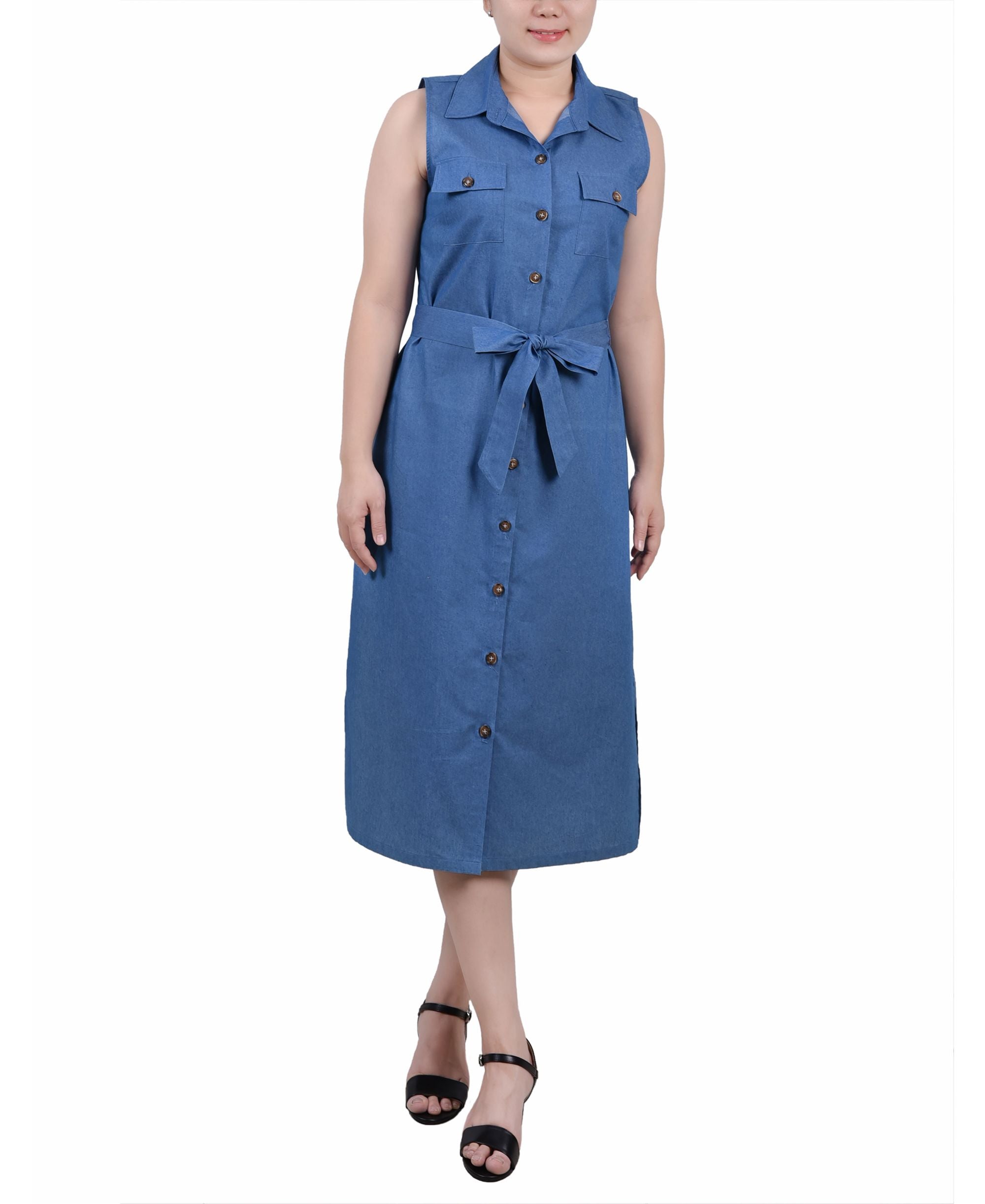 Petite Sleeveless Belted Chambray Midi Dress