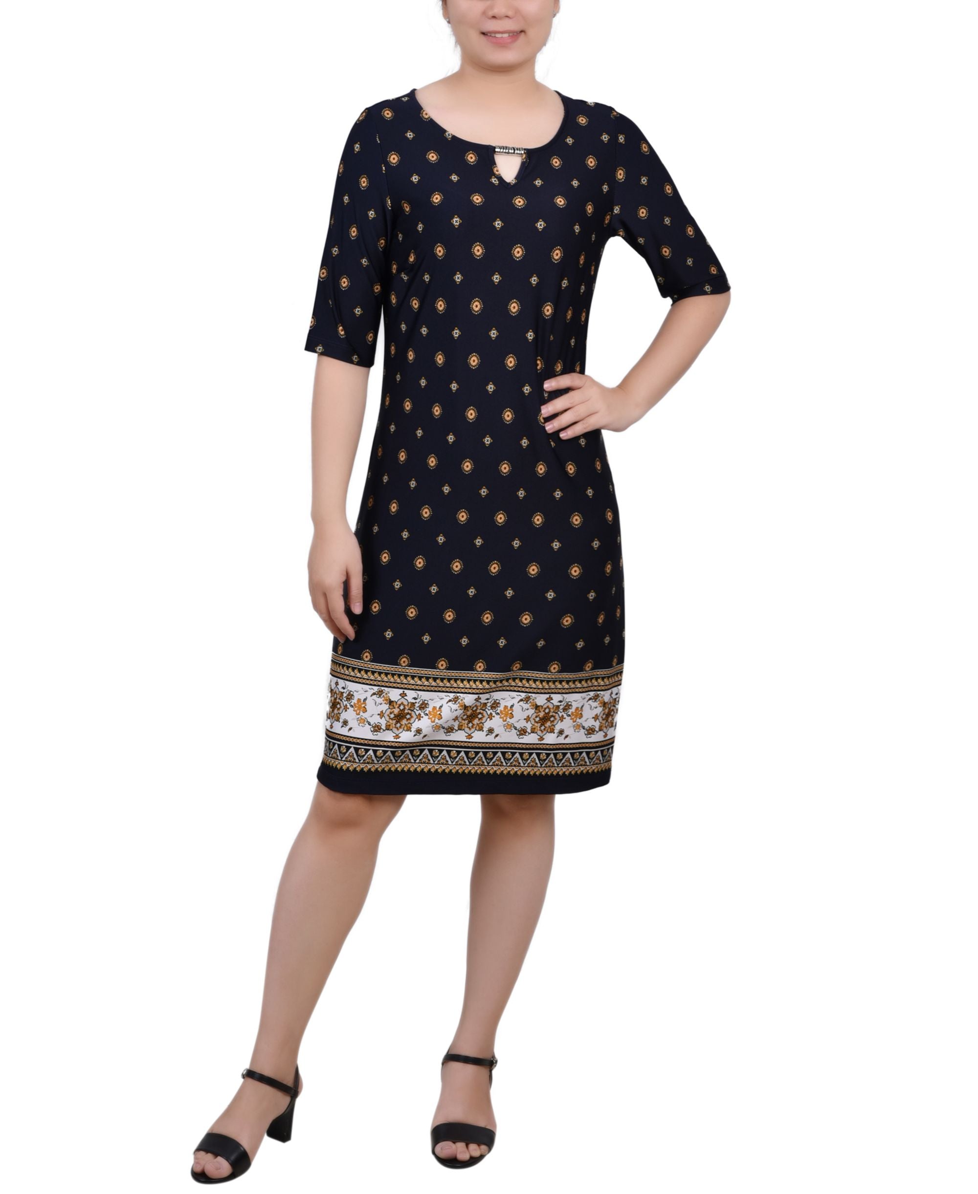 Petite Elbow Sleeve Knee Length Dress with Hardware