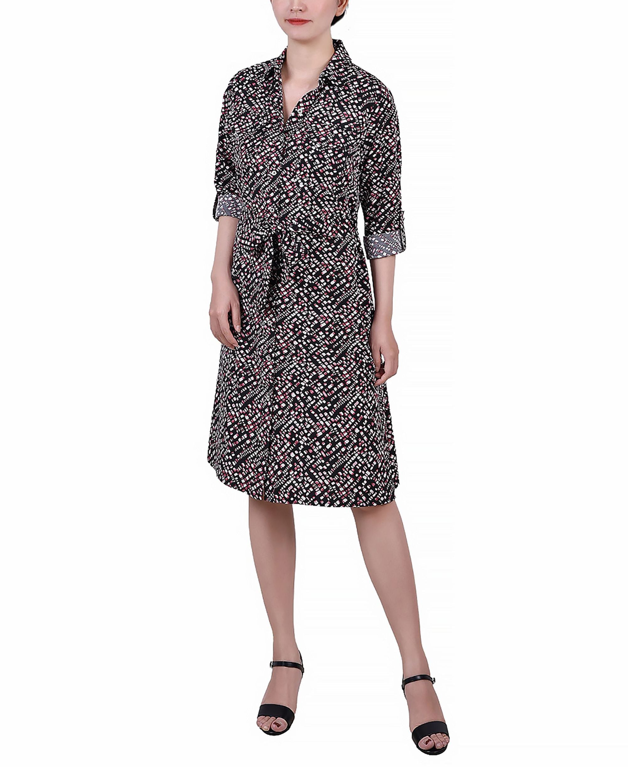 Petite Printed Long Sleeve Roll Tab Shirtdress