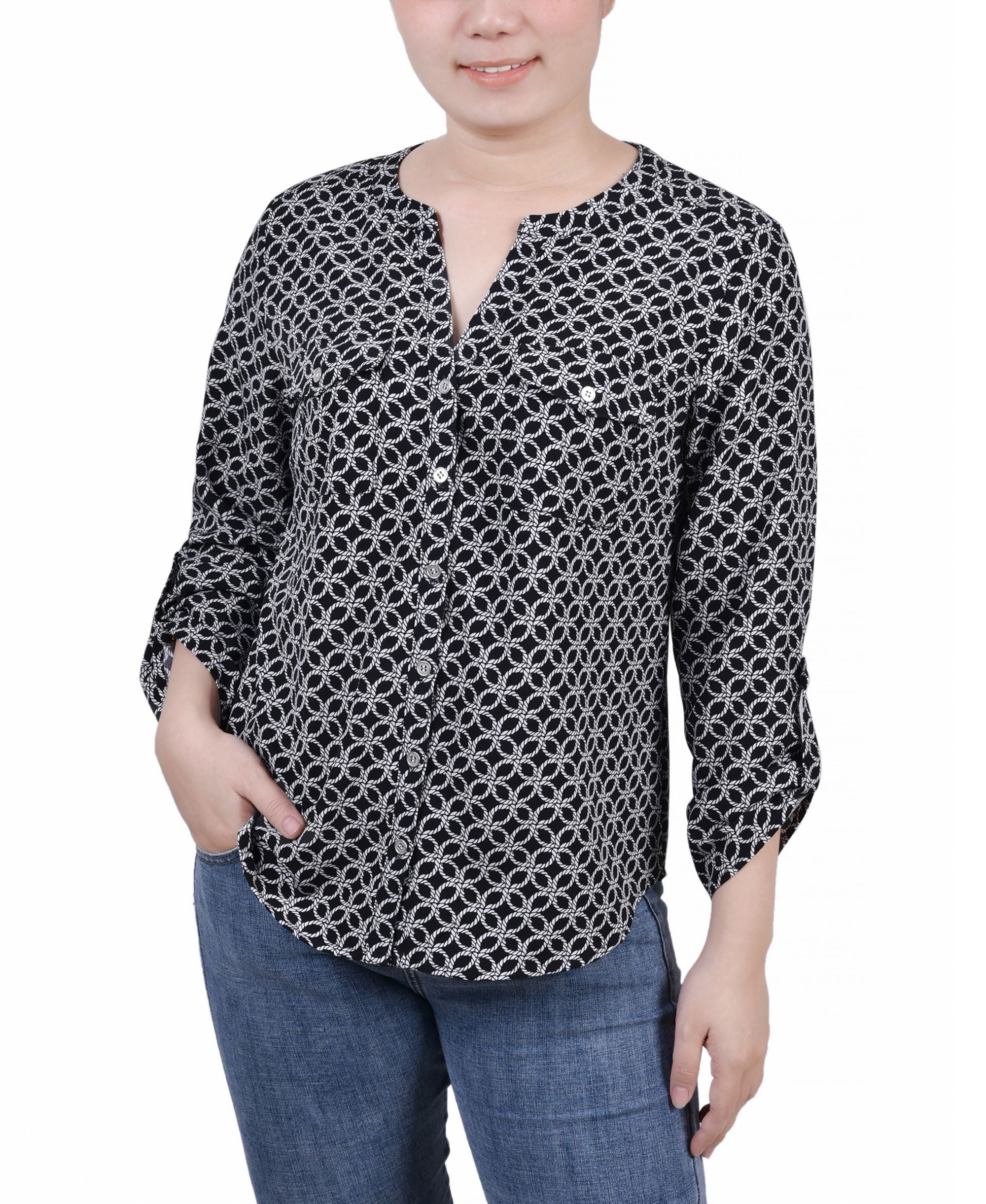 Petite 3/4 Sleeve Roll Tab Y Neck Blouse