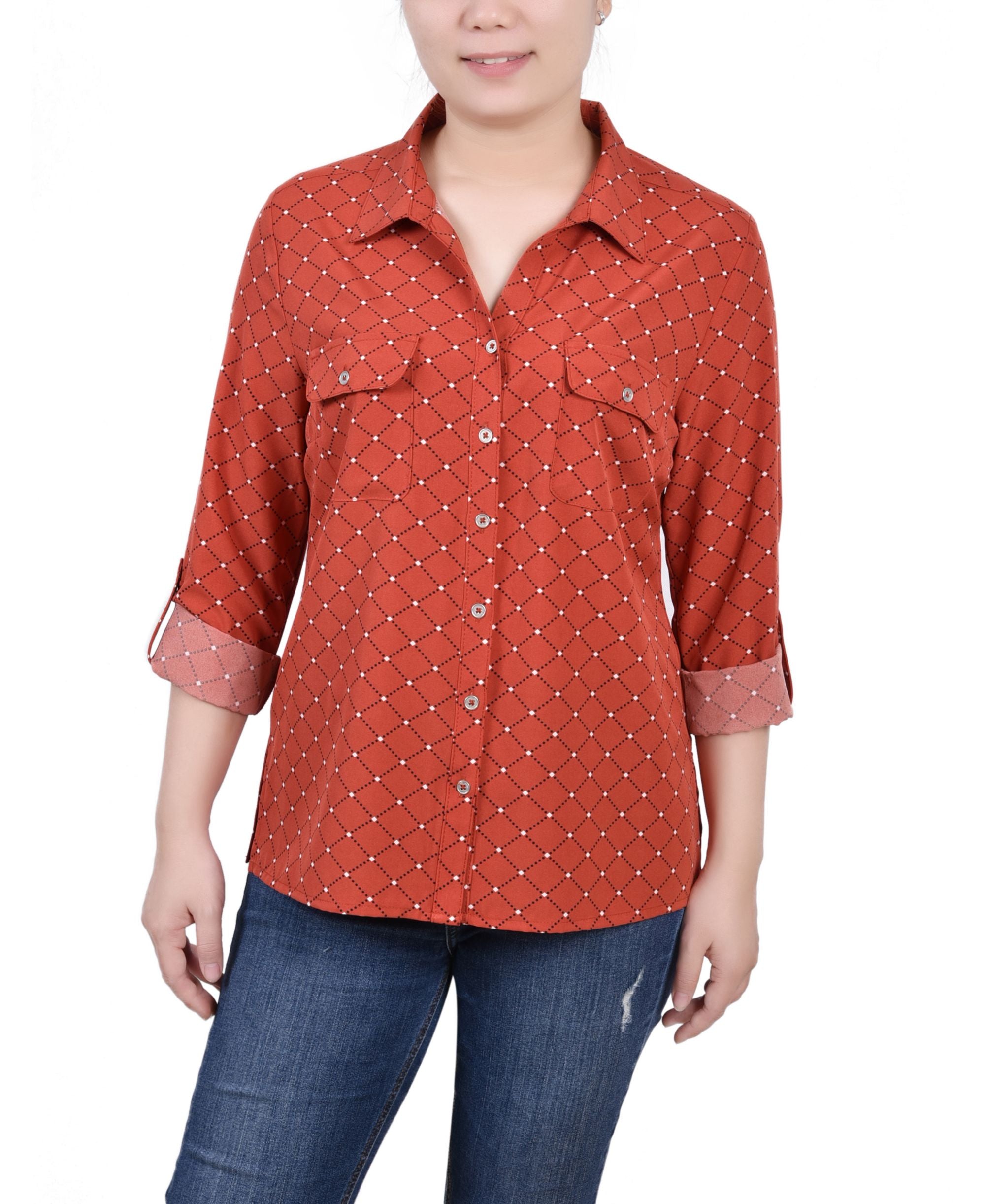 Petite 3/4 Sleeve Roll Tab Notch Collar Blouse