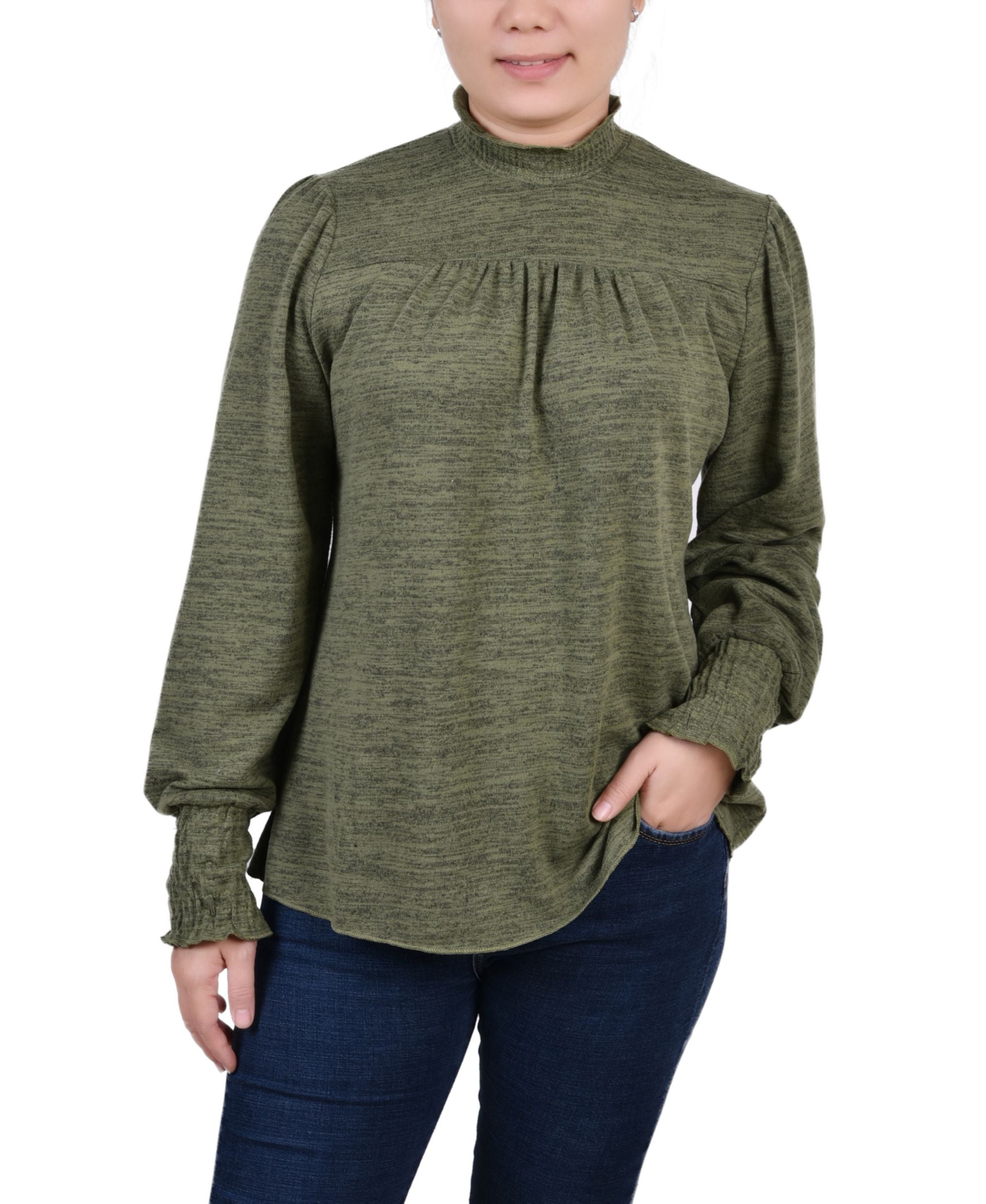 NY Collection Petite Long Sleeve With Smocking Details Top