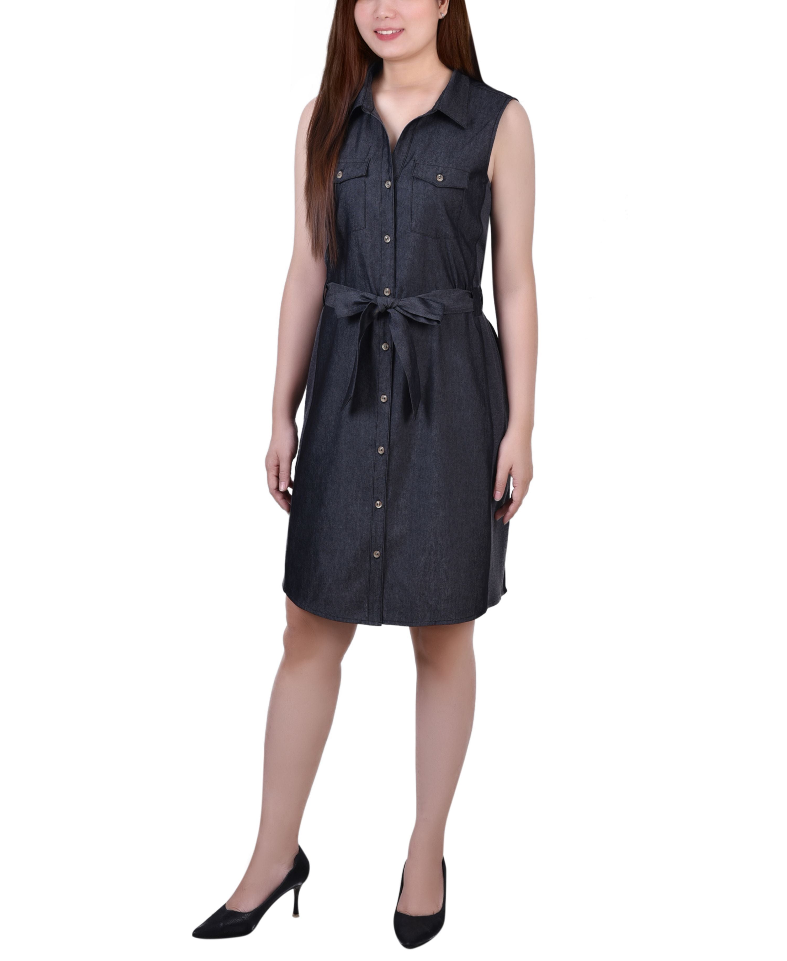 Petite Sleeveless Belted Denim Dress