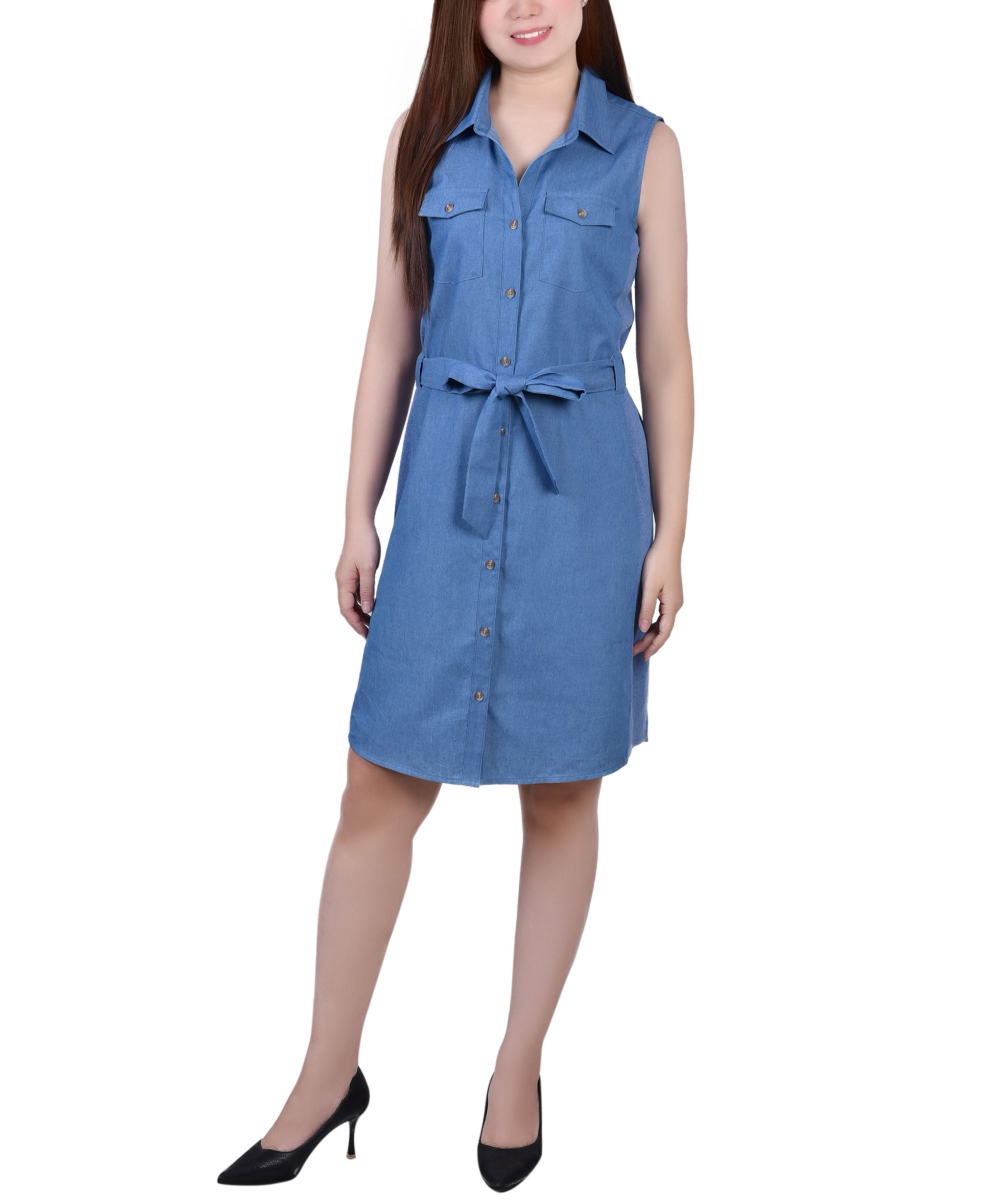 Petite Sleeveless Belted Denim Dress