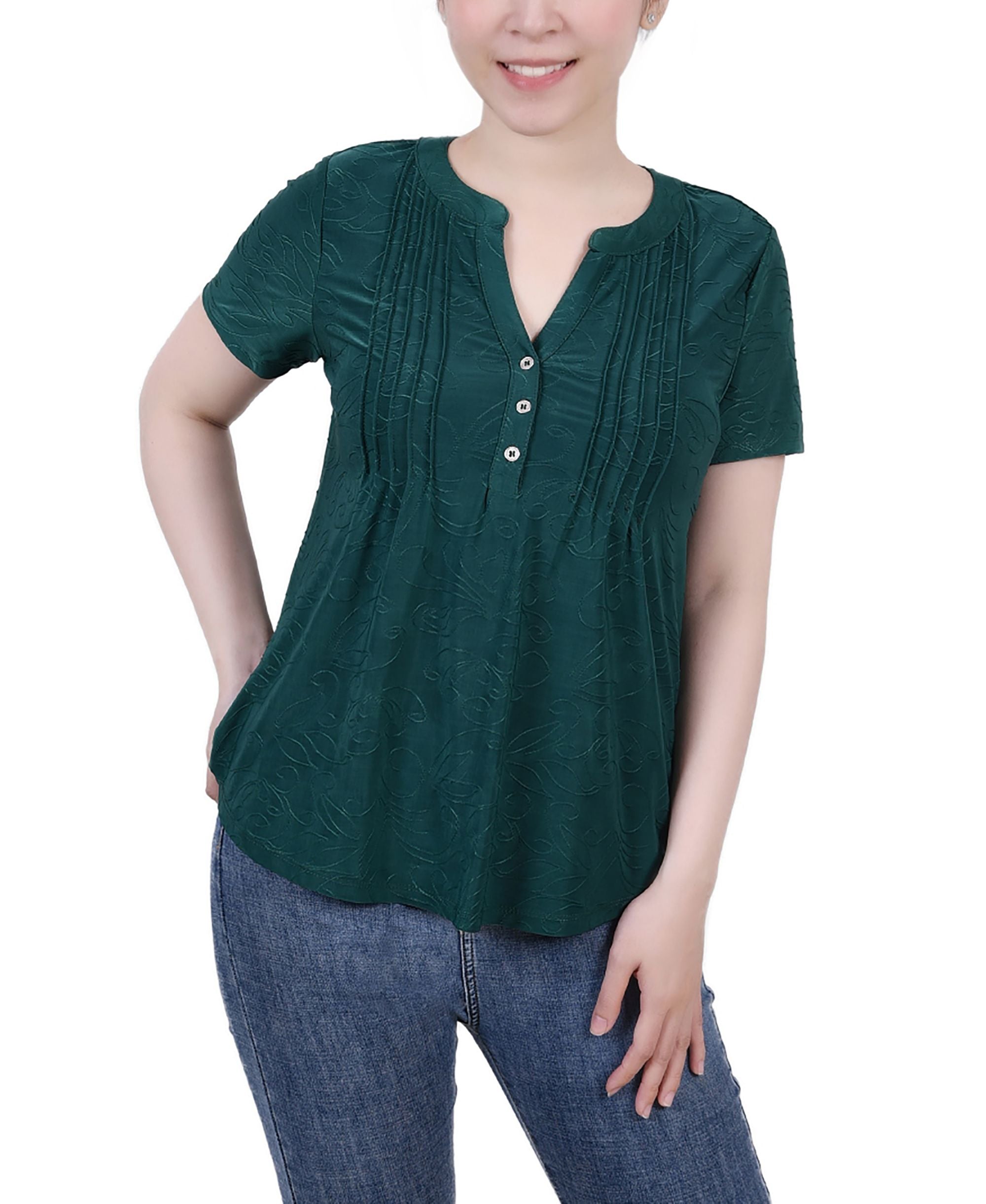 Petite Short Sleeve Y Neck Jacquard Knit Top