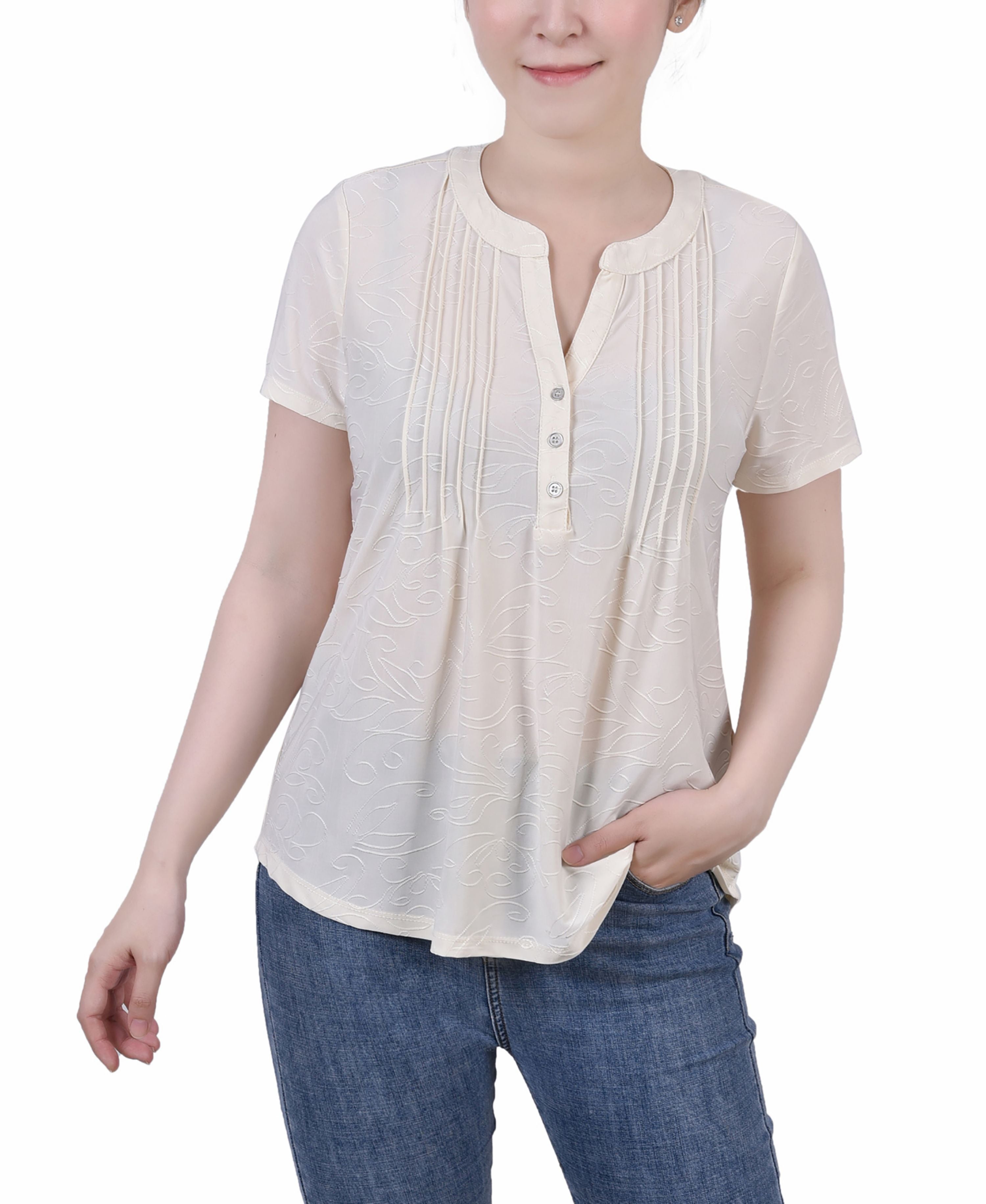 Petite Short Sleeve Y Neck Jacquard Knit Top