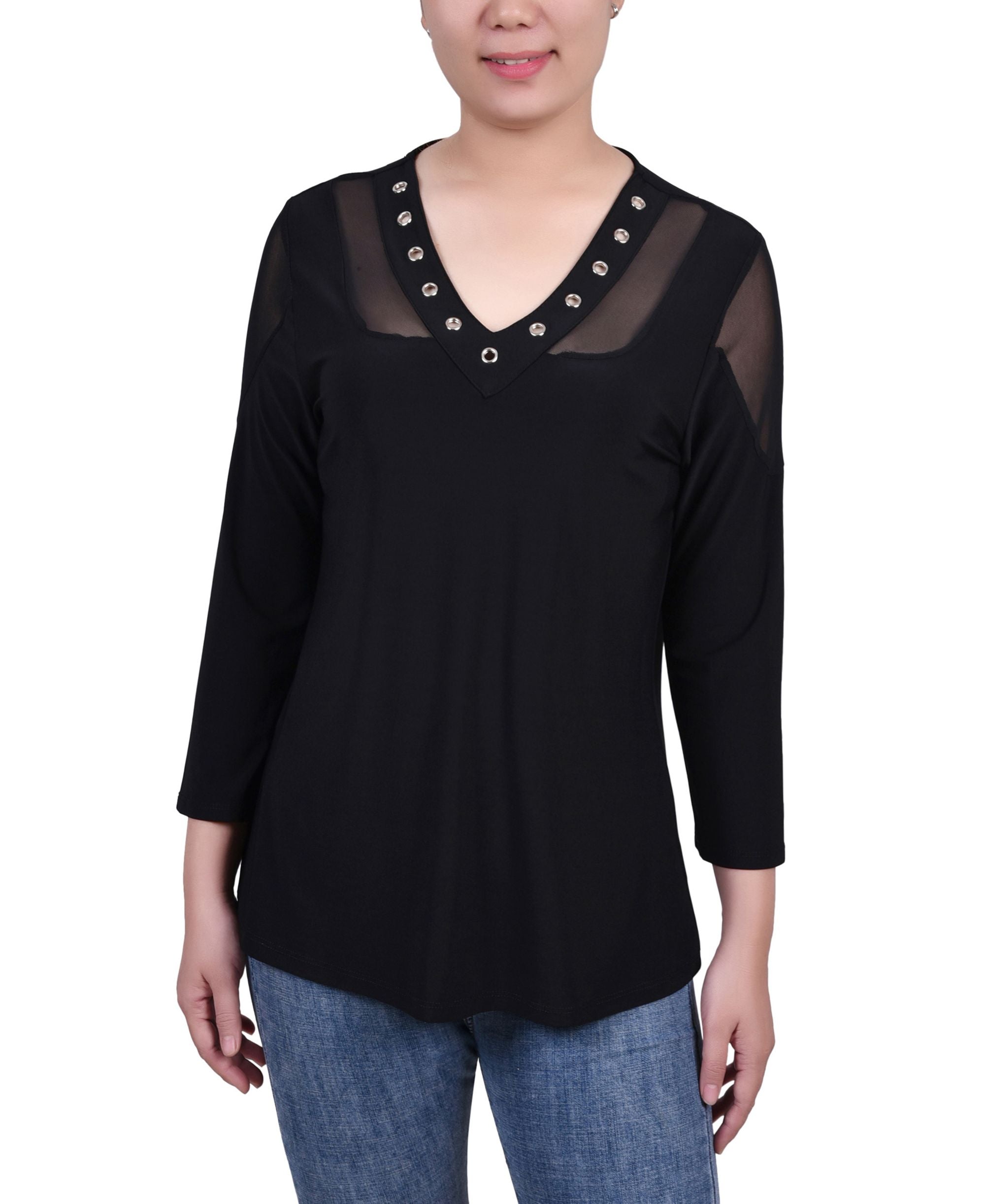 NY Collection Petite Long Sleeve Top With Mesh Insets