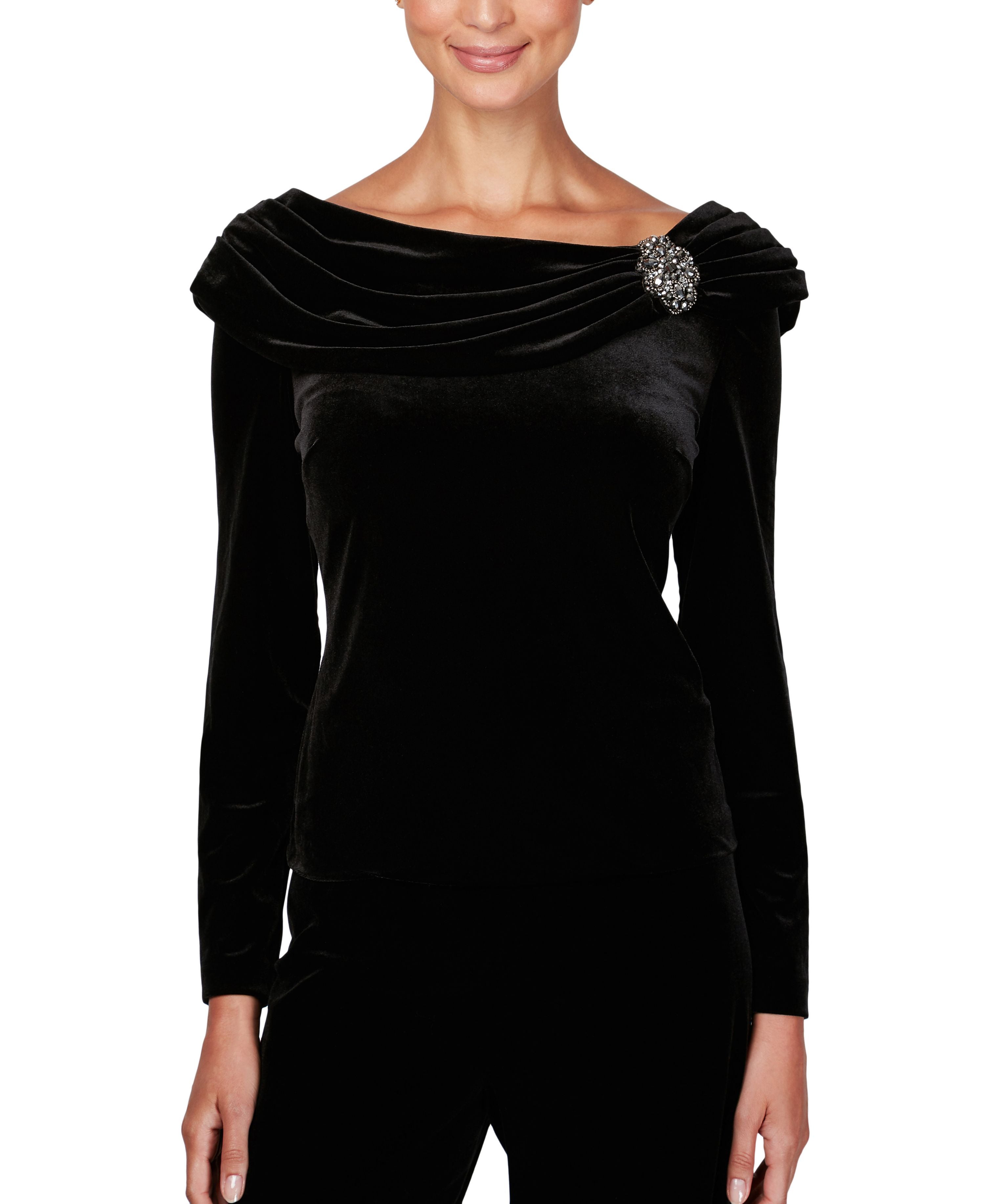 Women's Velvet Embellished Ruched-Collar Top