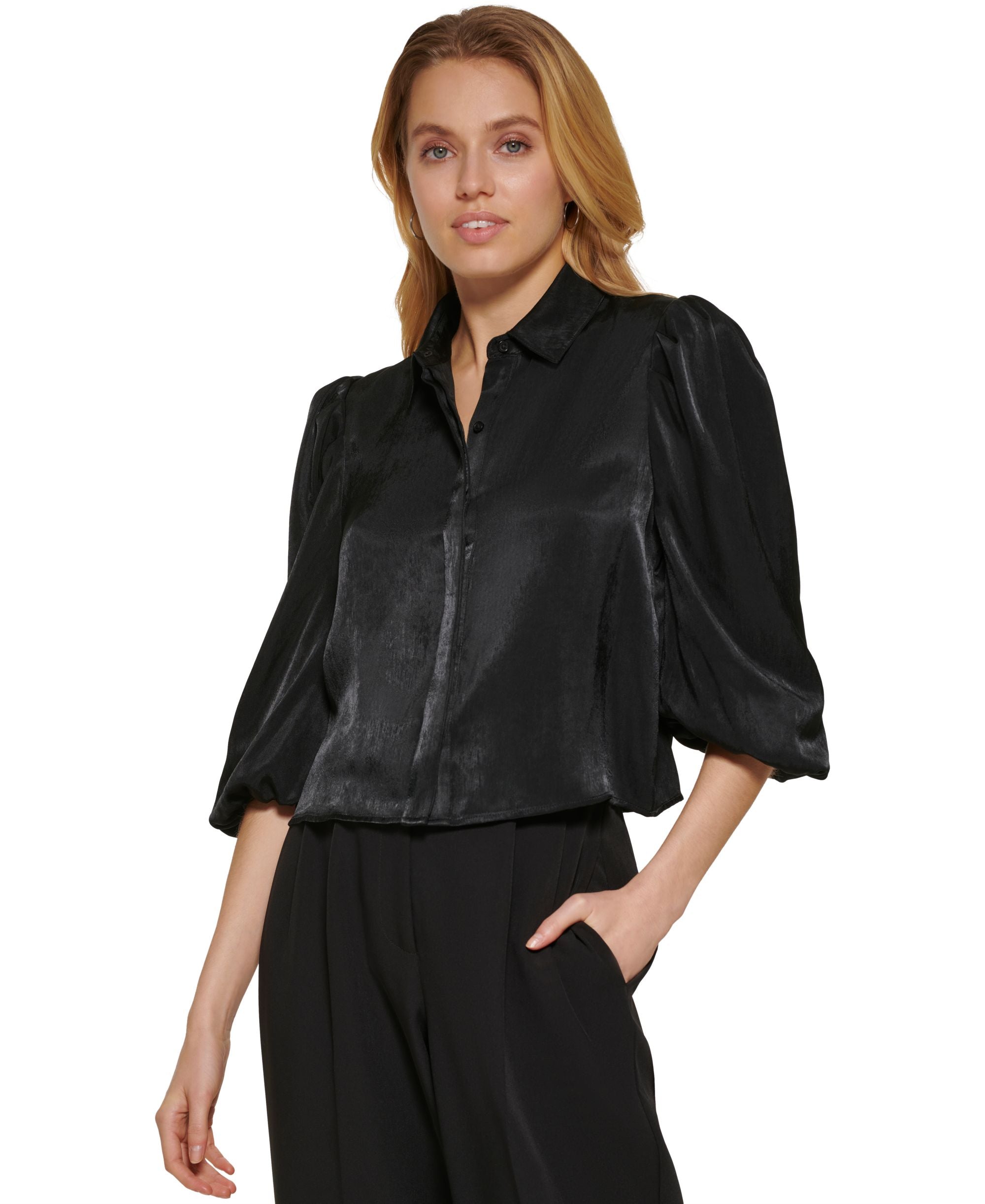 Women's Button-Front Puff-Sleeve Cropped Top