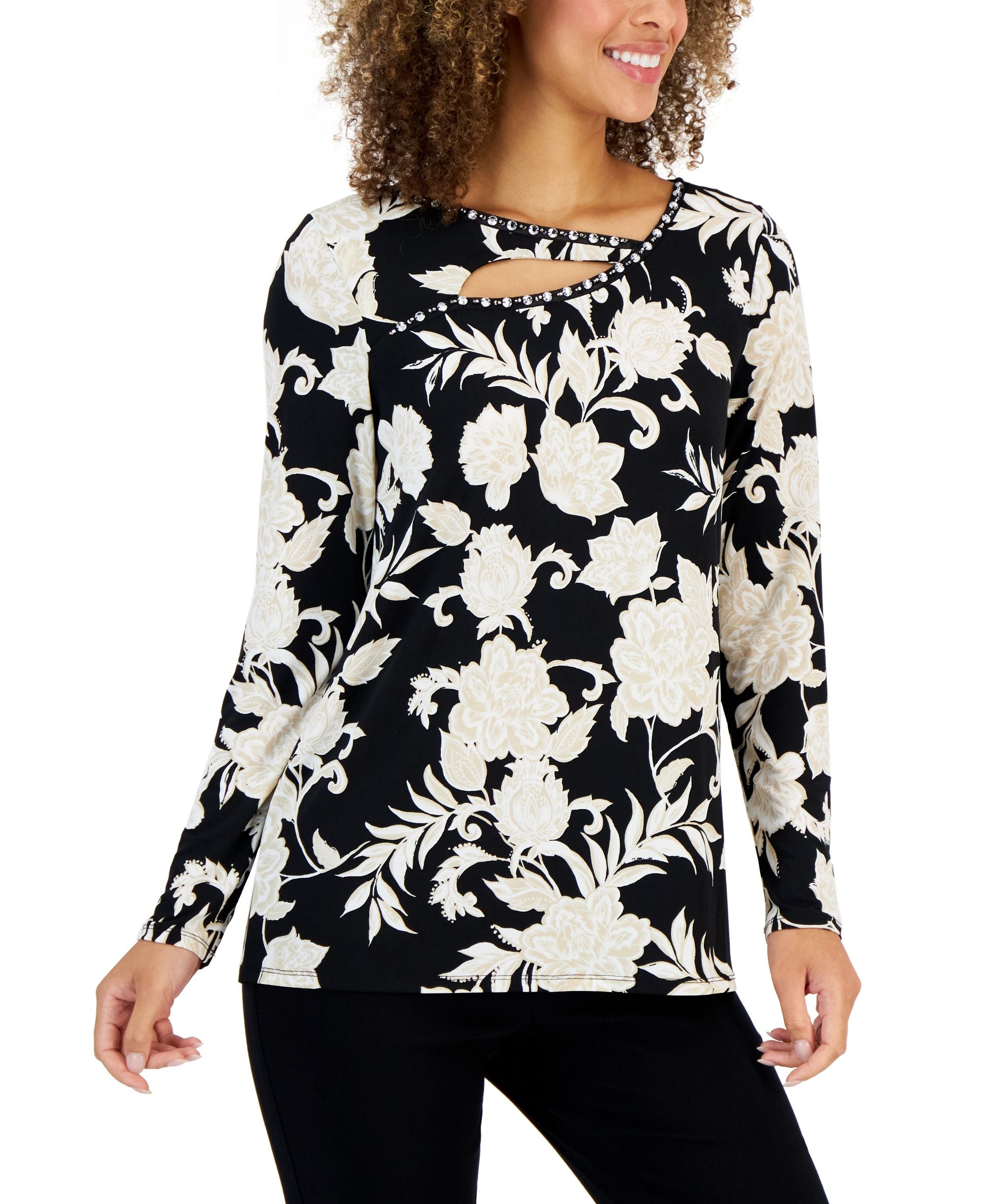 JM Collection Womens Printed Cut Out Detail Top