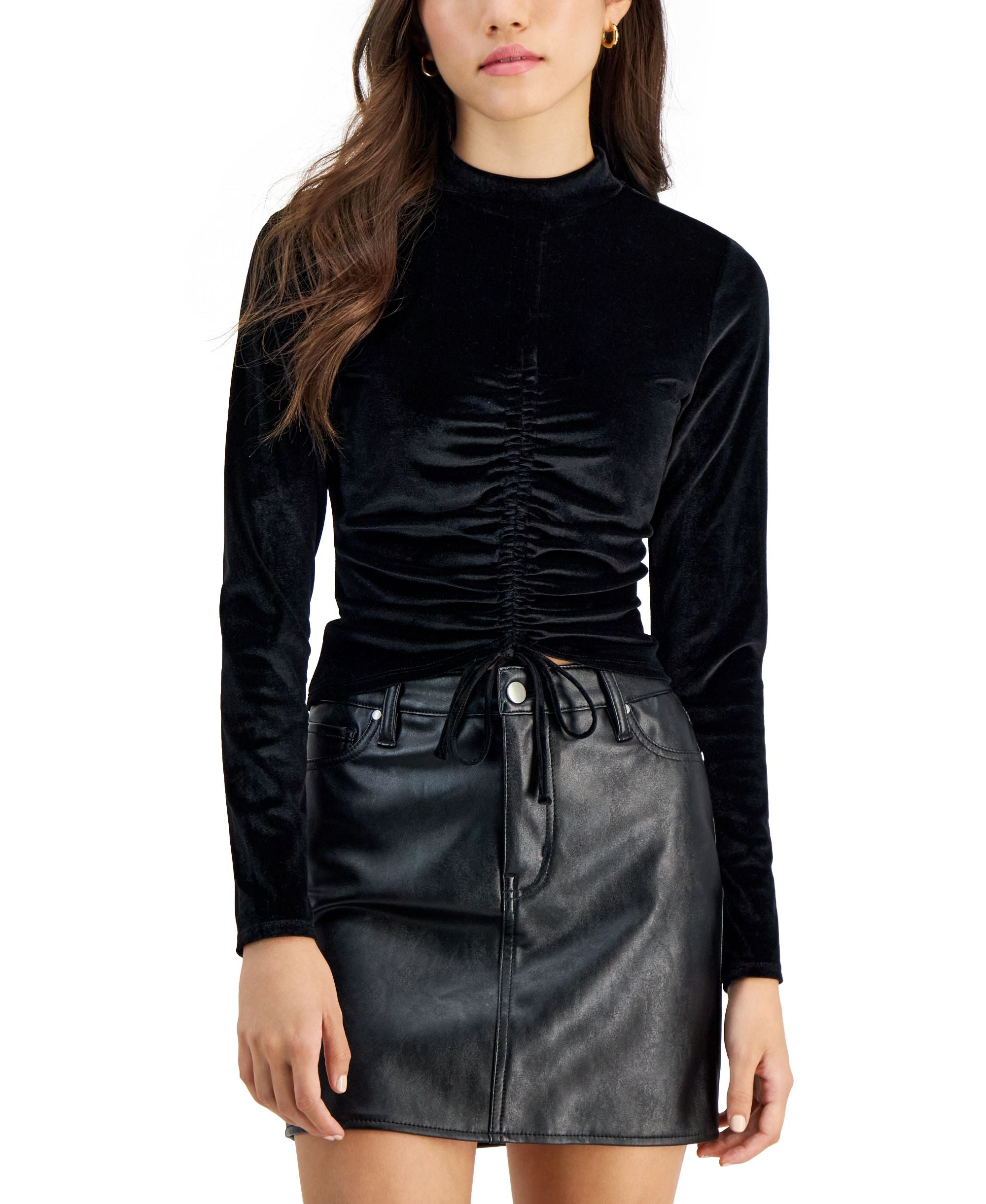 Juniors' Ruched-Front Mock Neck Velvet Top