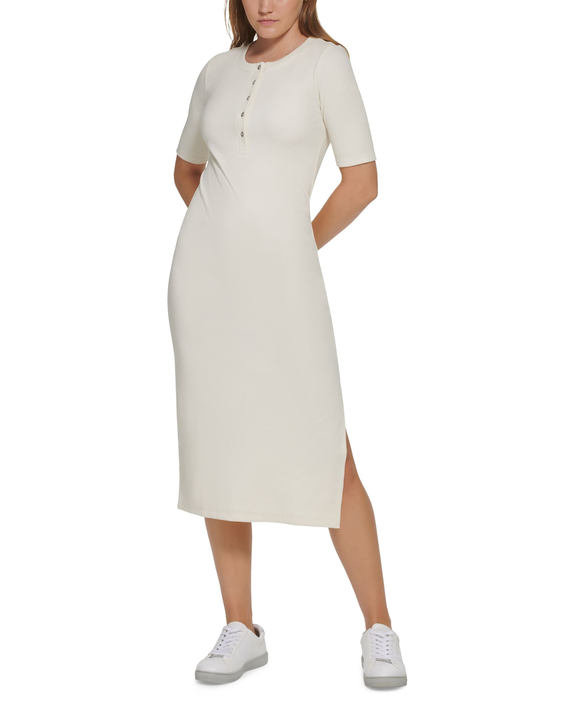 Petite Ribbed Side-Slit Midi Dress