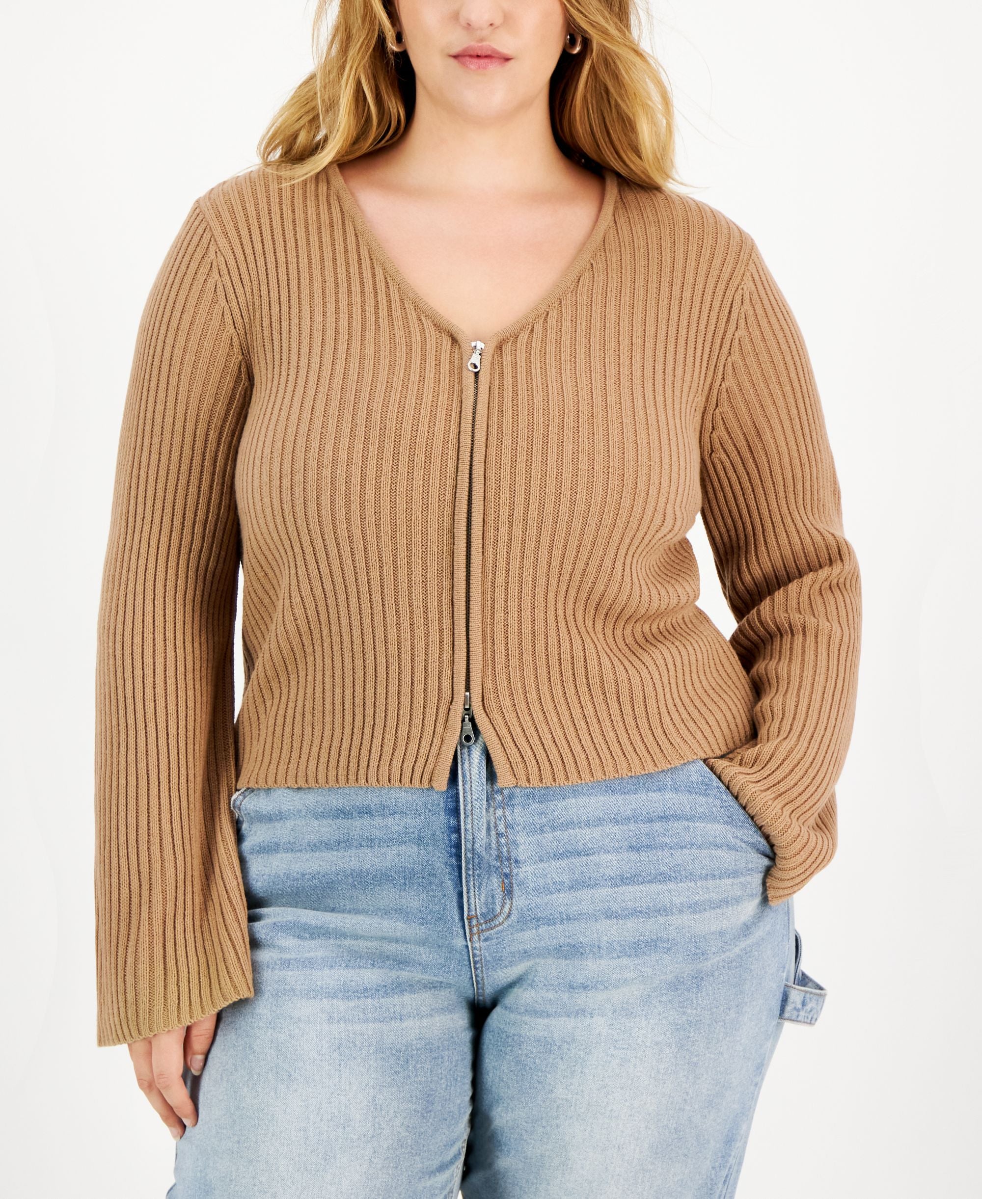 Trendy Plus Size V-Neck Zip-Up Sweater