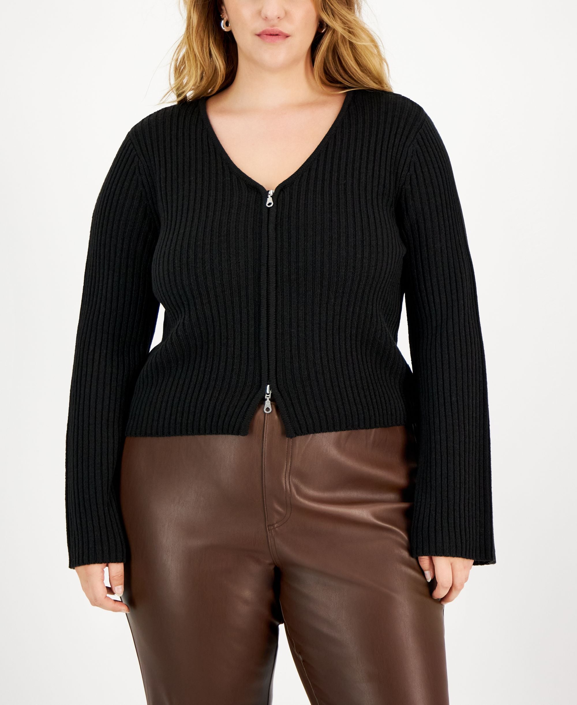 Trendy Plus Size V-Neck Zip-Up Sweater