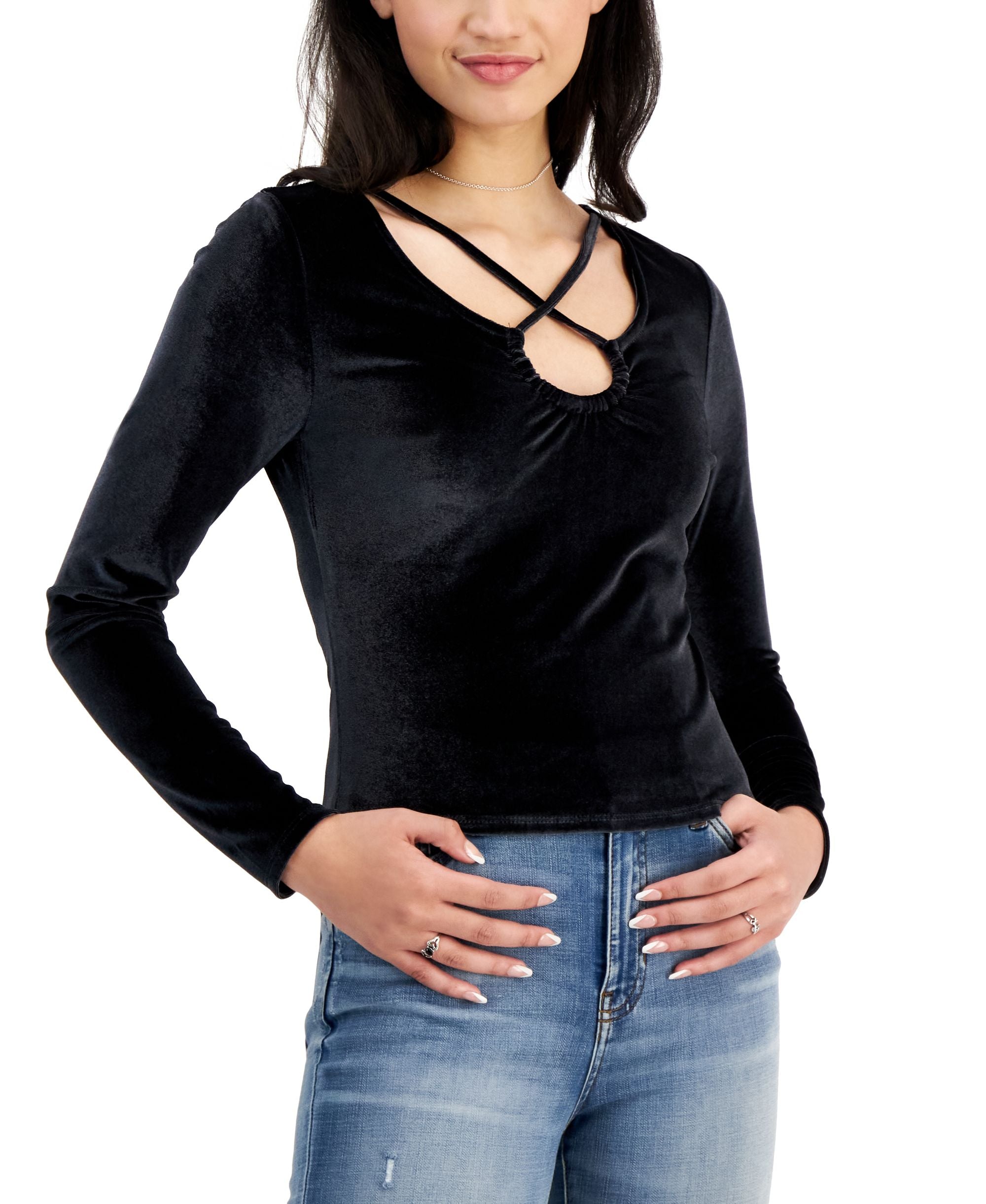 Juniors' Velvet Crisscross Long-Sleeve Top