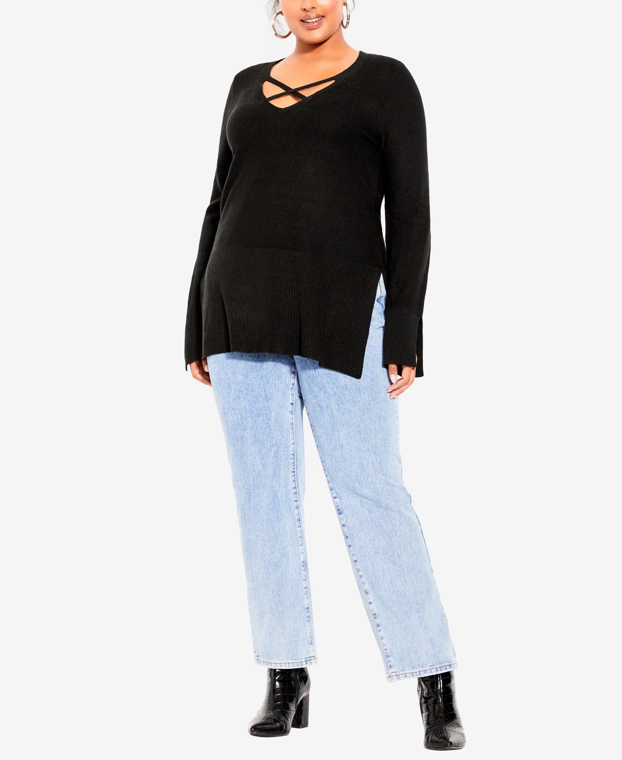 Plus Size Trendy Longline Cross Sweater