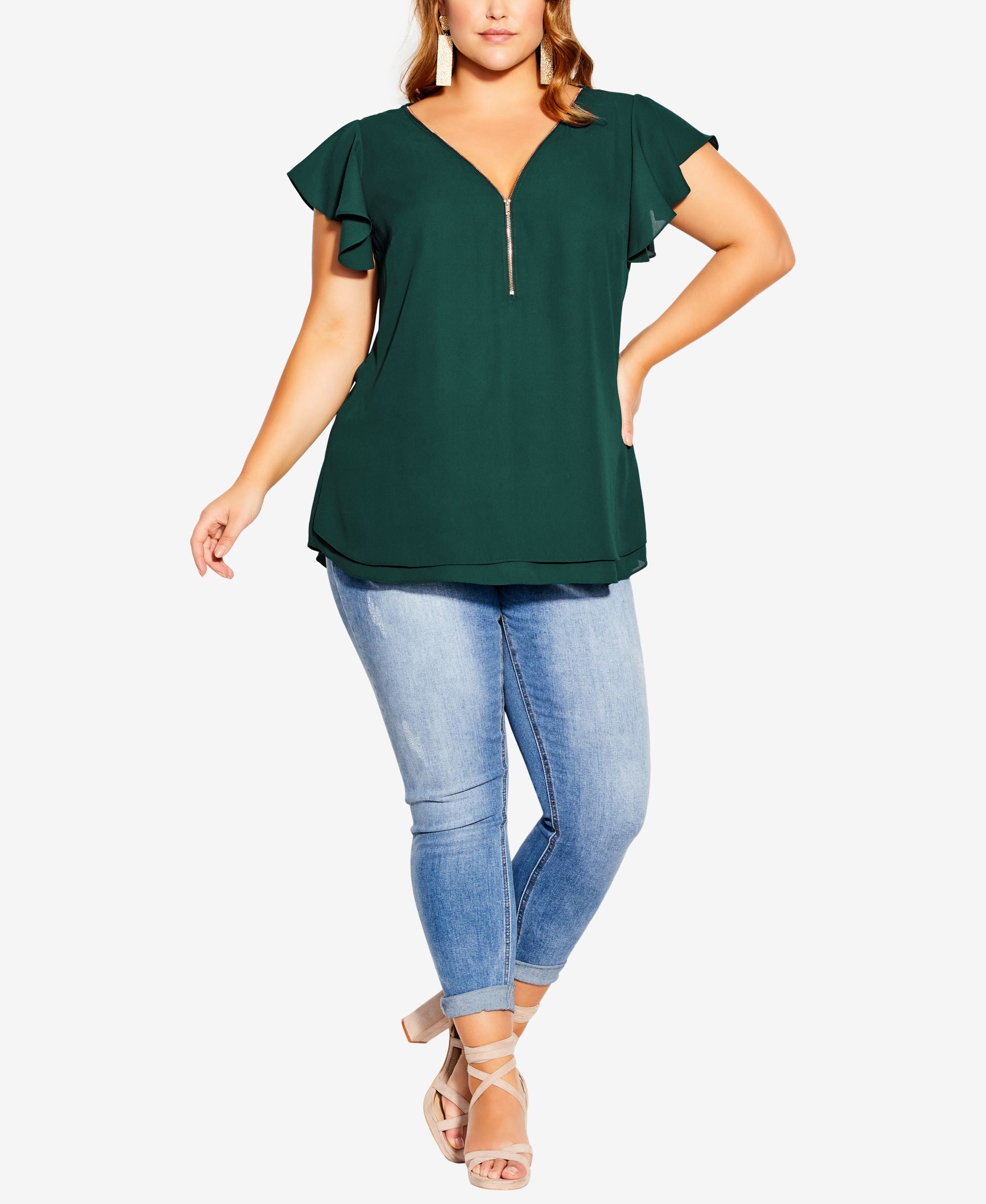 Trendy Plus Size Zip Fling V-Neck Top