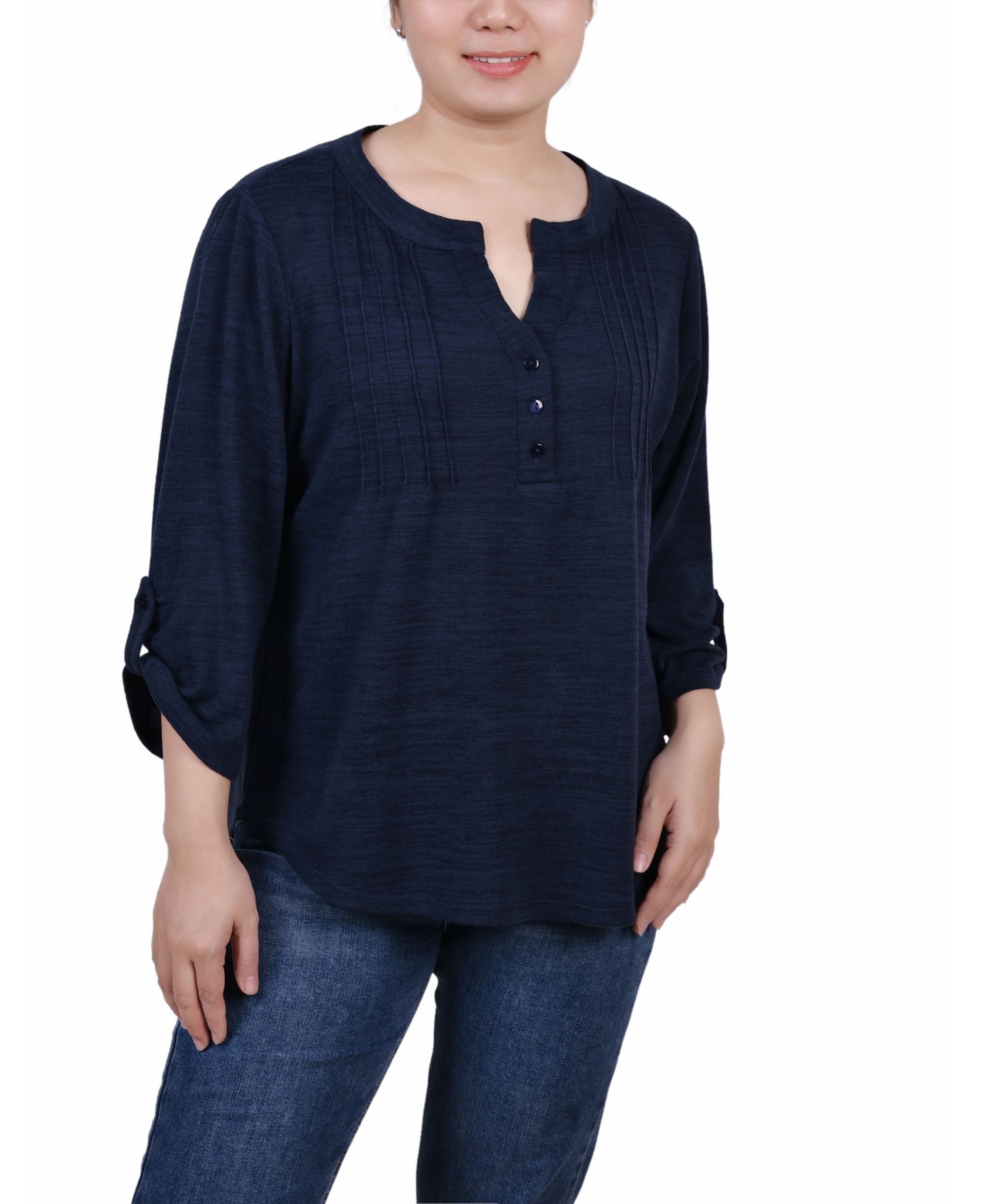 NY Collection Petite 3/4 Roll Tab Sleeve Y Neck Top