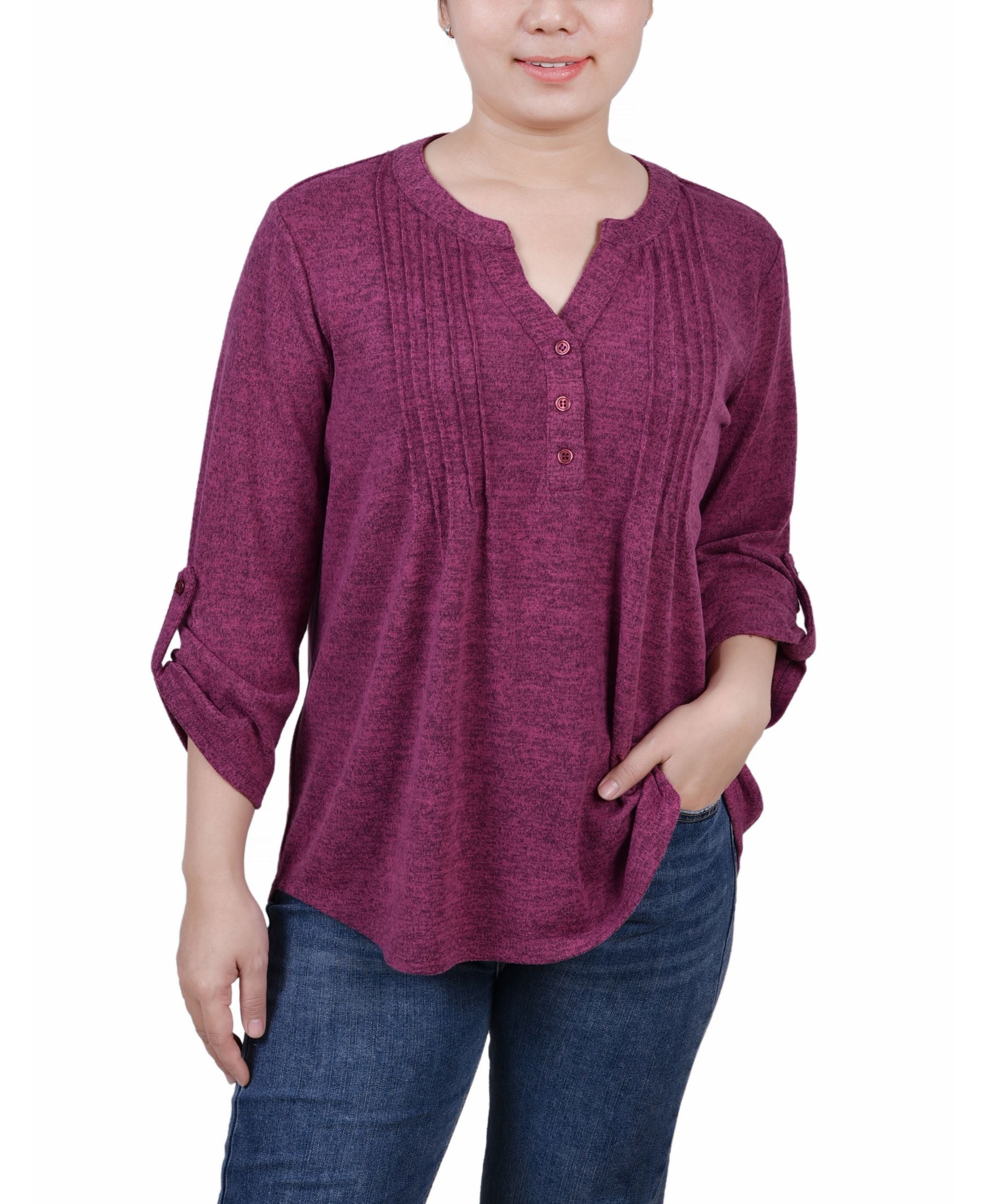 NY Collection Petite 3/4 Roll Tab Sleeve Y Neck Top