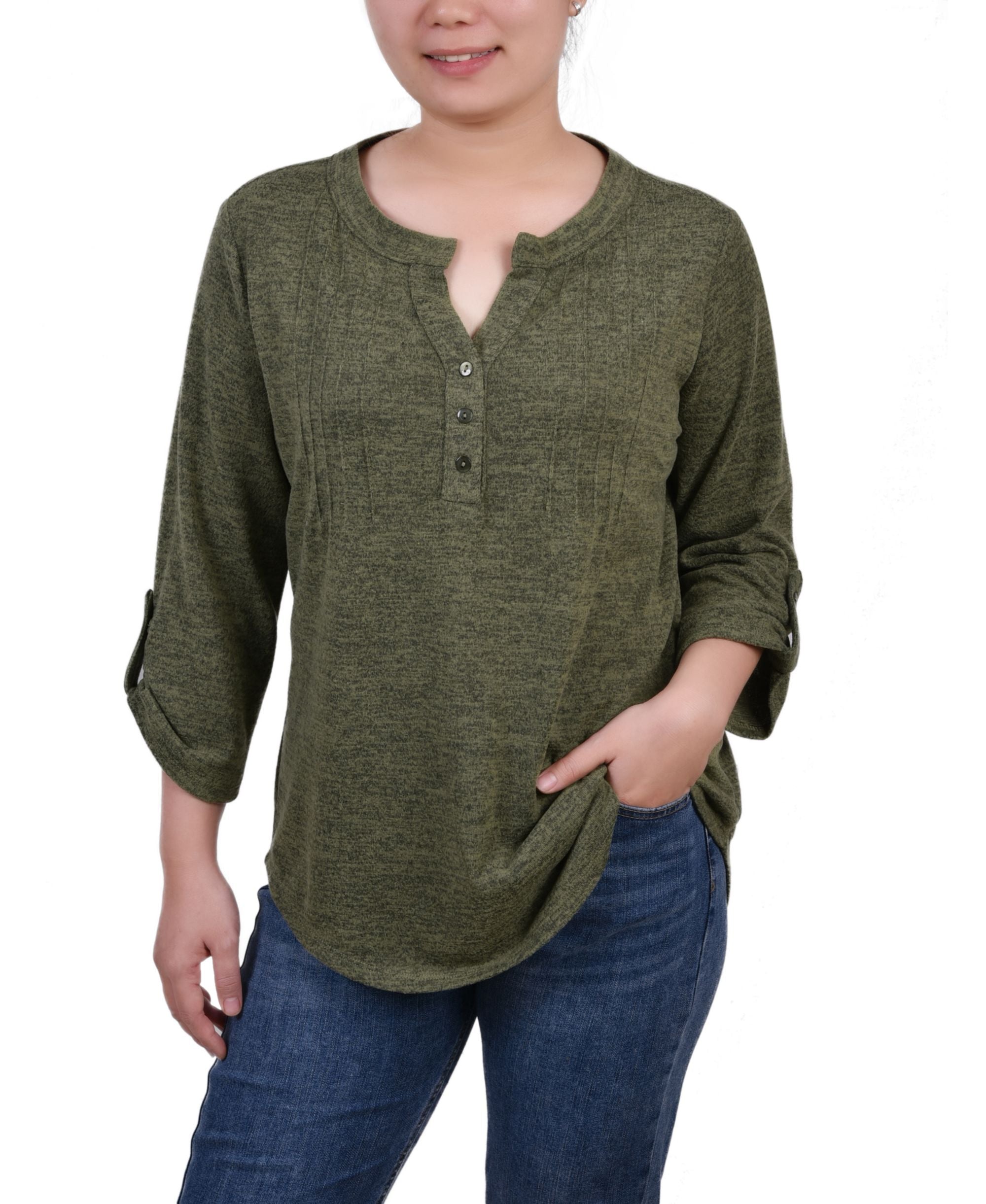 NY Collection Petite 3/4 Roll Tab Sleeve Y Neck Top