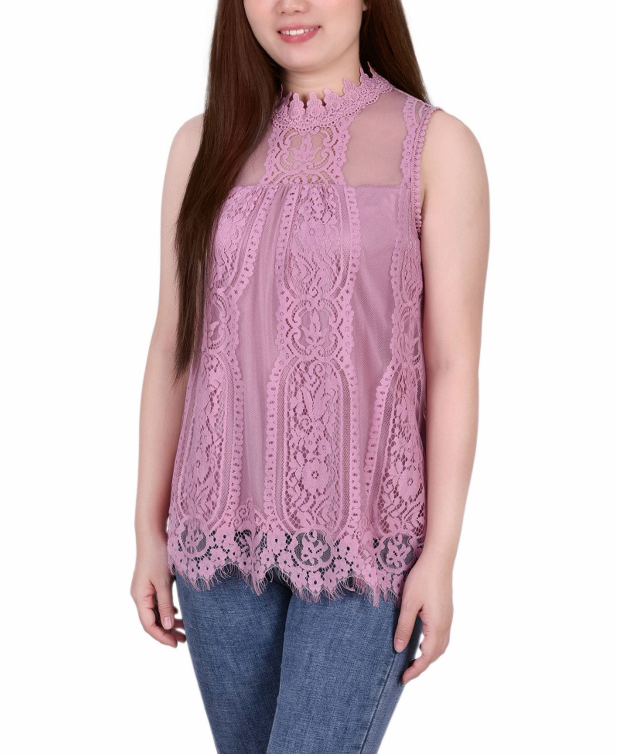 NY Collection Petite Lace Mock Neck Top