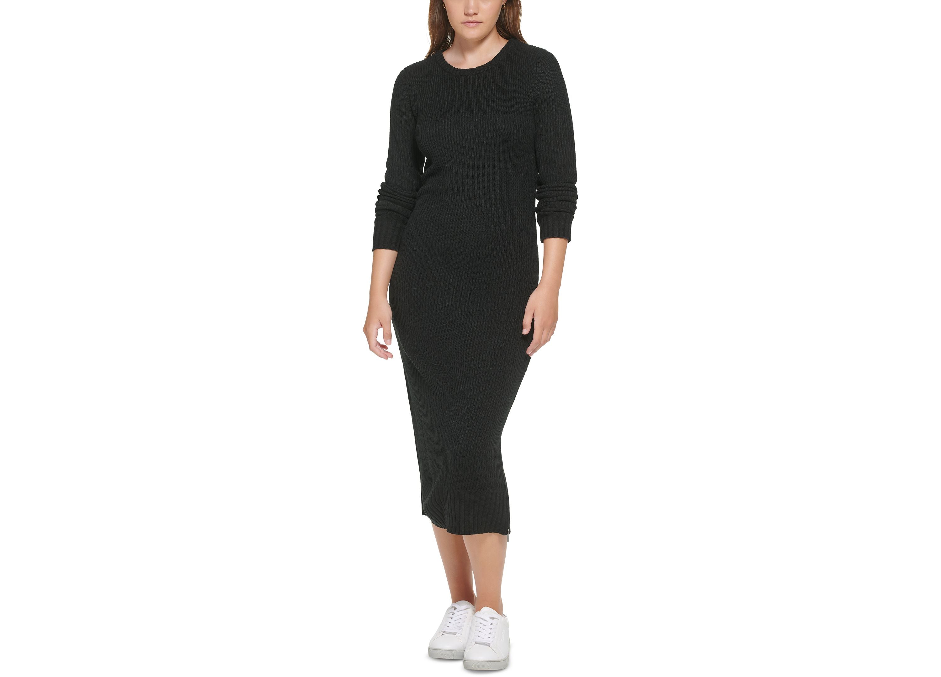 Women's Ribbed Long Sleeve Crewneck Side Slit Dress