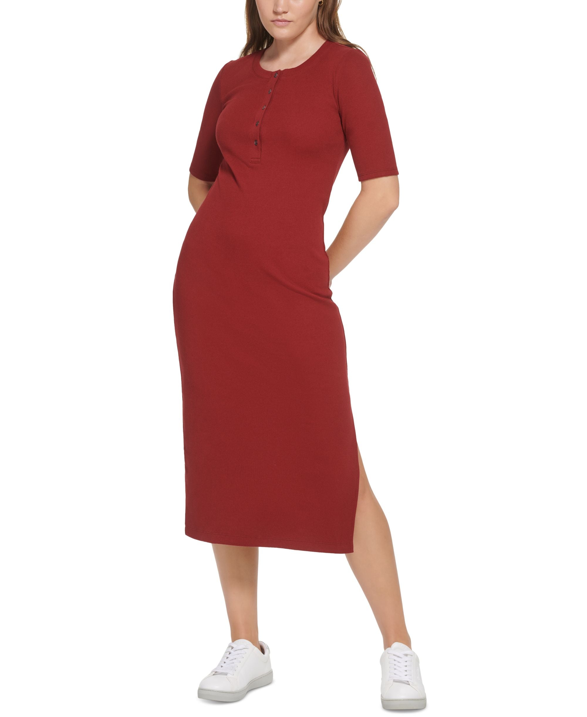 Petite Ribbed Side-Slit Midi Dress