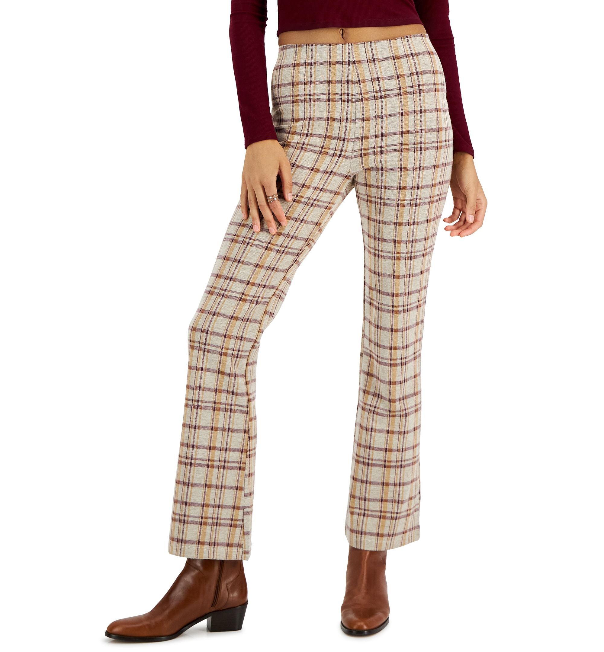 Juniors' Plaid Jacquard Flared-Leg Pants