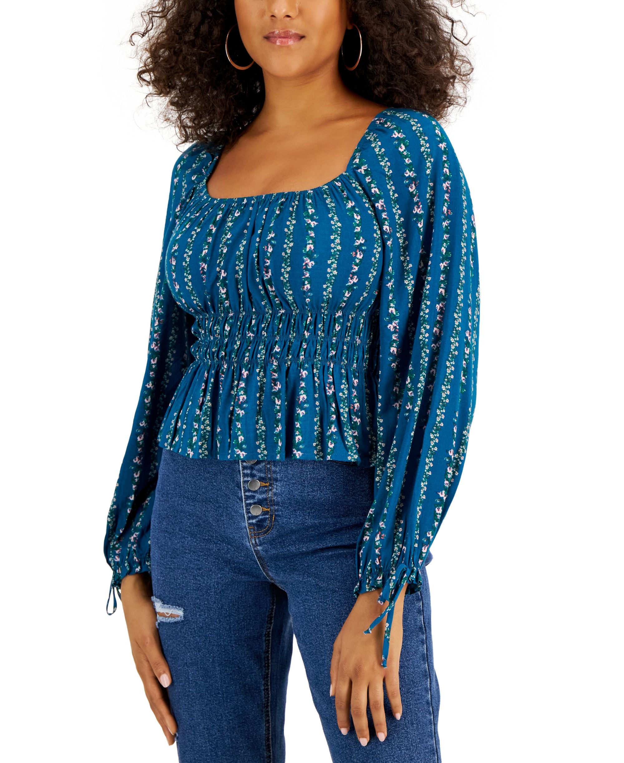 Juniors' Emma Smocked-Waist Floral Top