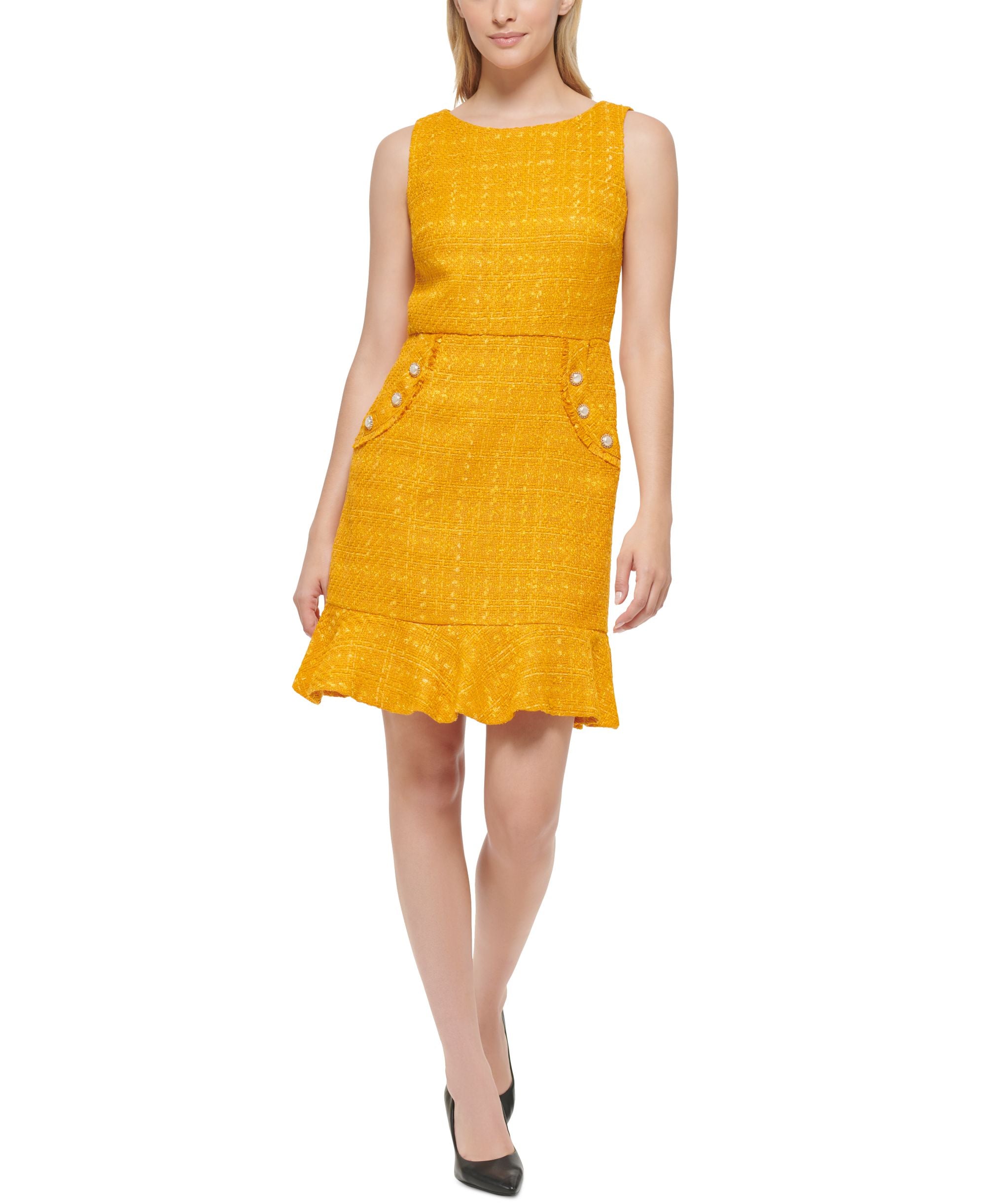 Tweed Pearlized-Button Sleeveless Dress