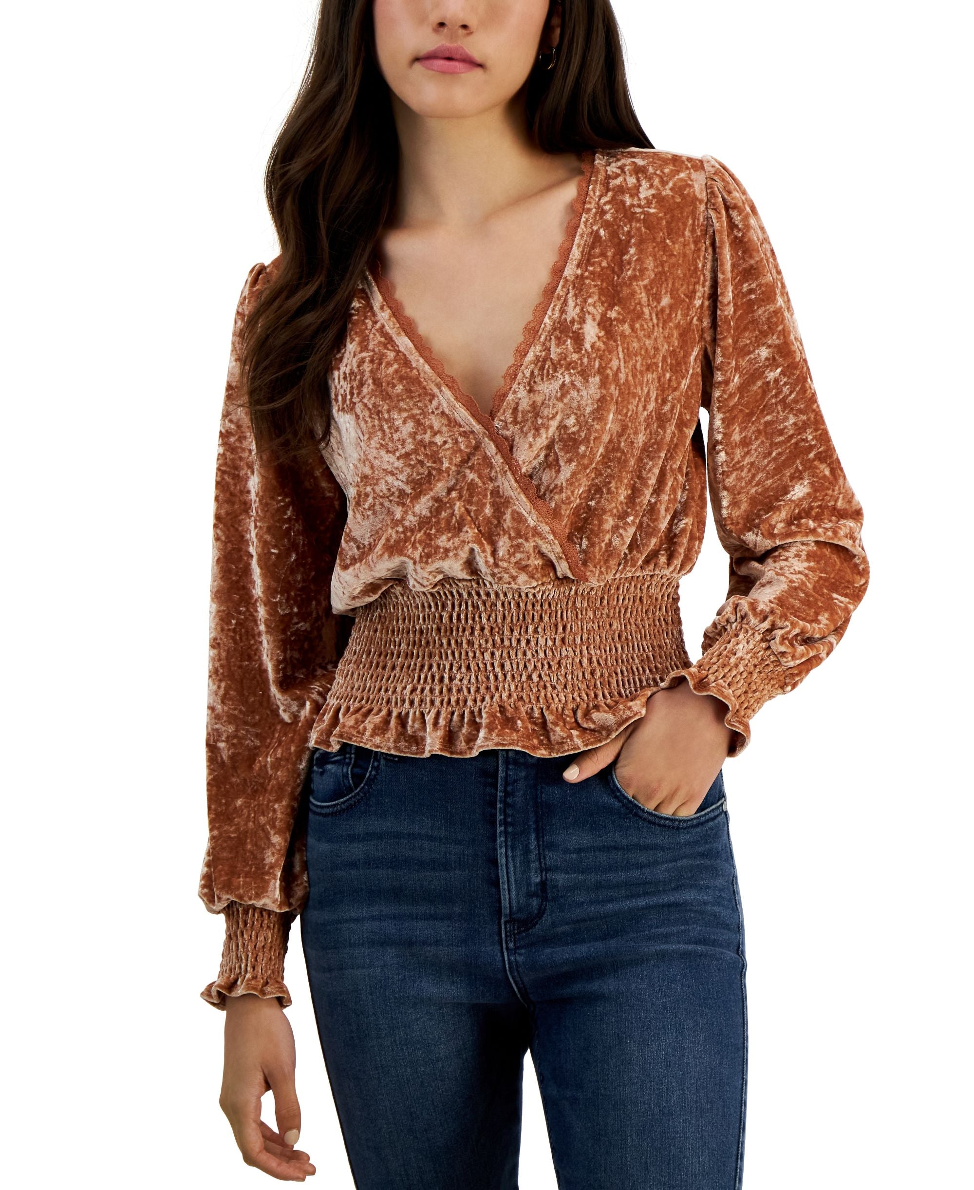 Juniors' Surplice Smocked Balloon-Sleeve Velvet Top