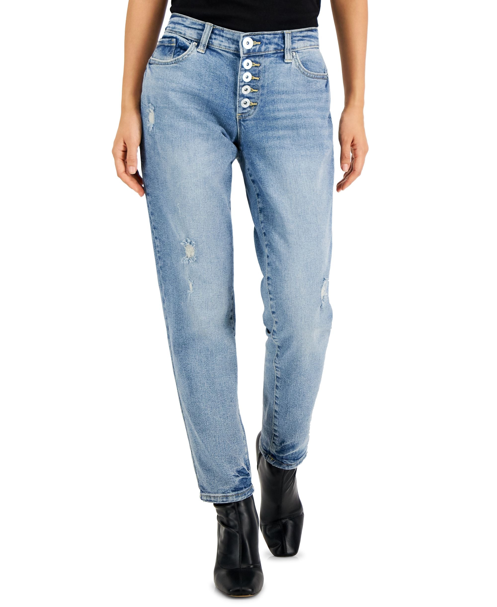INC International Concepts Petite Mid Rise Distressed Button Fly Jeans