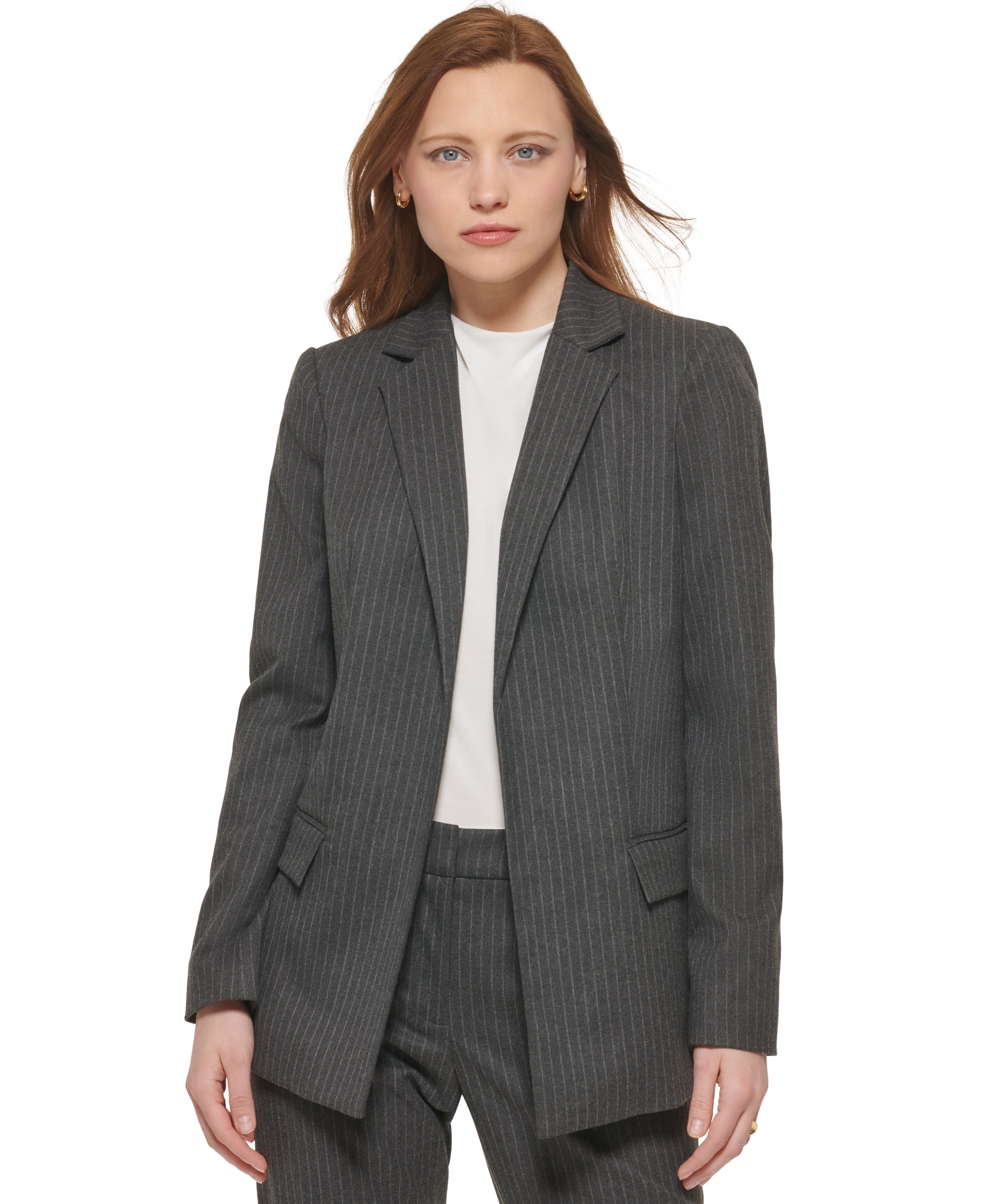 Women's Pinstripe Open Front Blazer Charcoal White 2