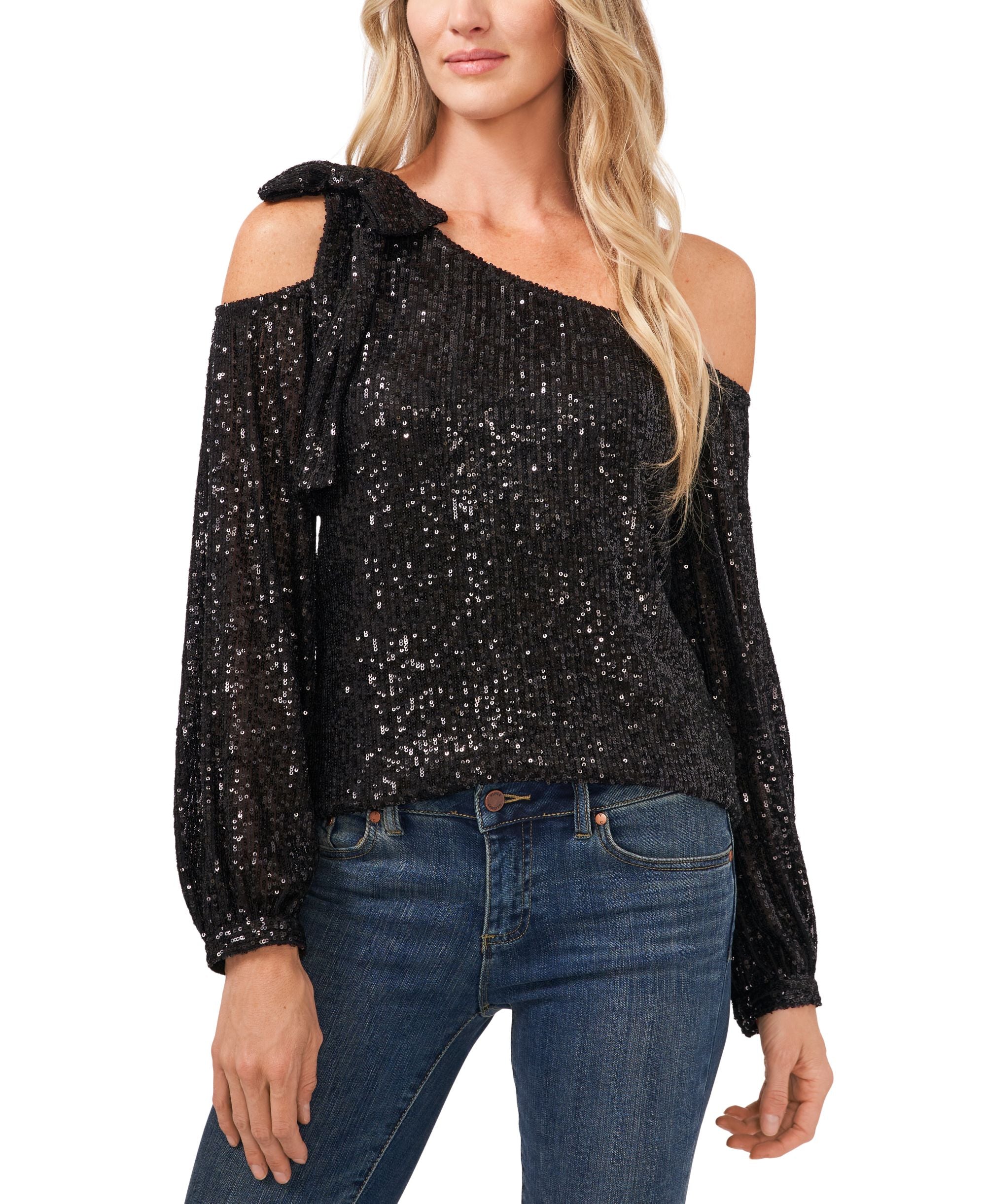 Women's Long Sleeve Sequin Bow Detail One-Shoulder Top